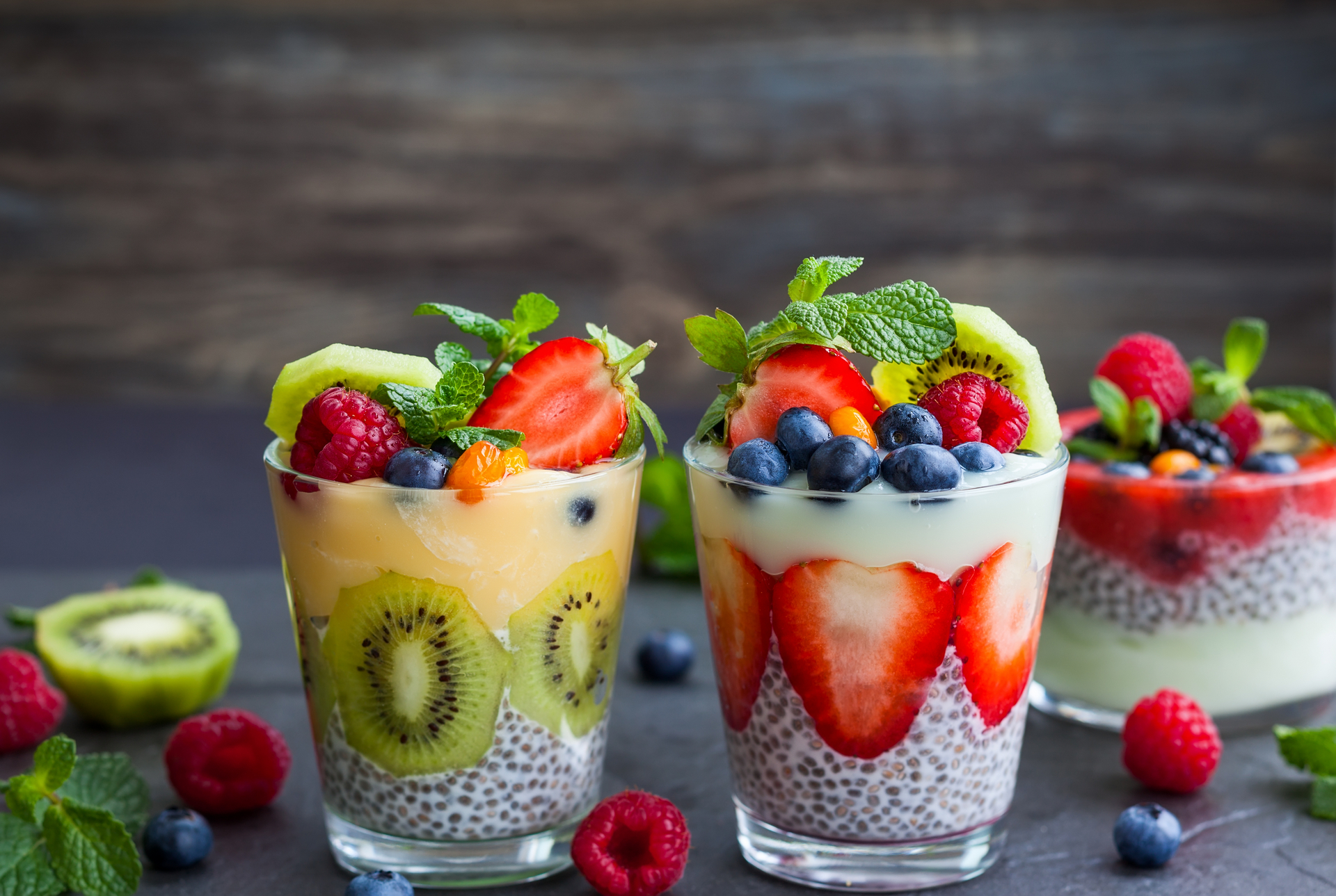 Download mobile wallpaper Food, Strawberry, Dessert, Blueberry, Kiwi, Berry, Yogurt for free.