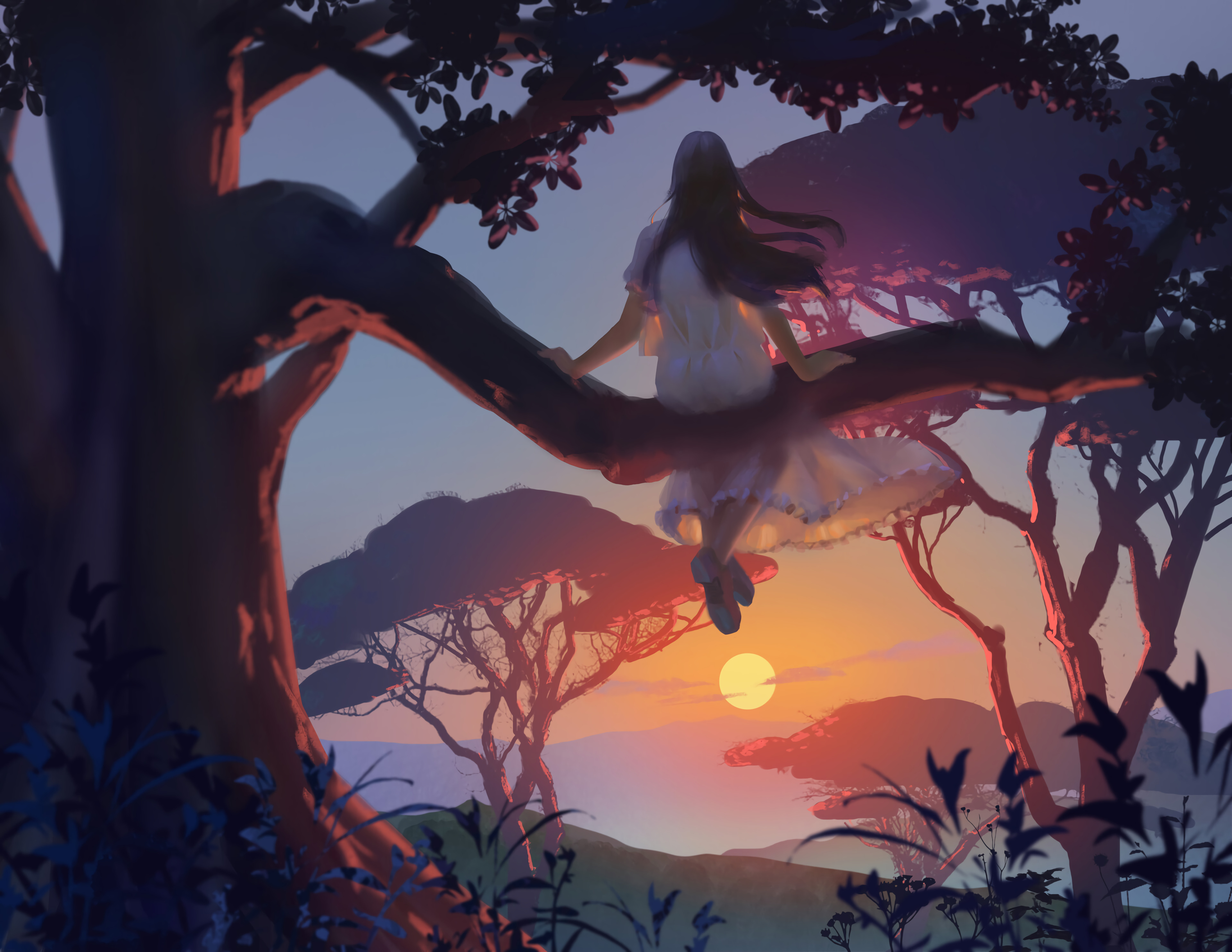 Download mobile wallpaper Wood, Tree, Sunset, Loneliness, Girl, Art for free.