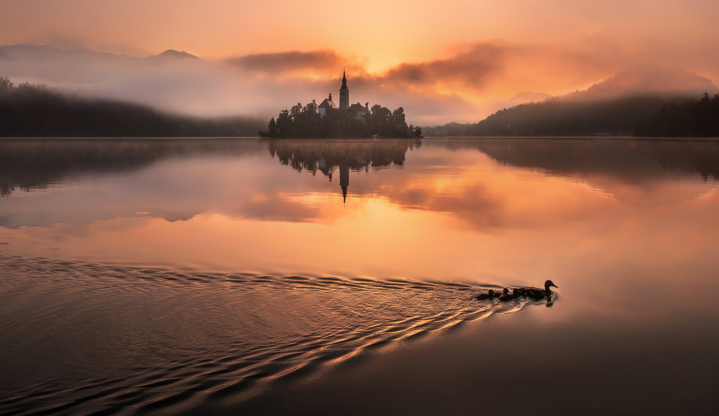 Download mobile wallpaper Sunrise, Slovenia, Churches, Lake Bled, Religious, Assumption Of Mary Church for free.