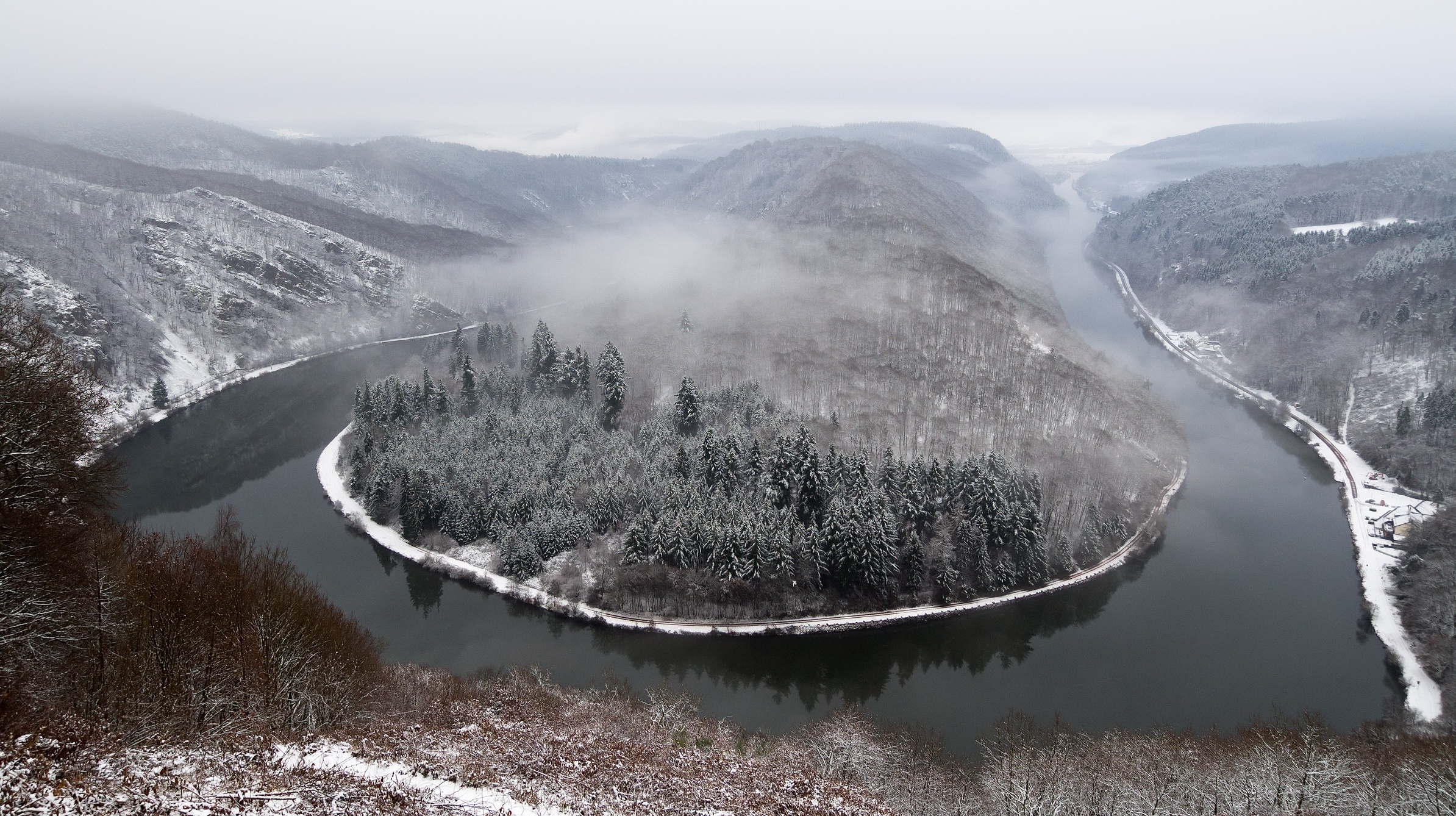 Free download wallpaper Landscape, Winter, Nature, Forest, Fog, Earth, River on your PC desktop