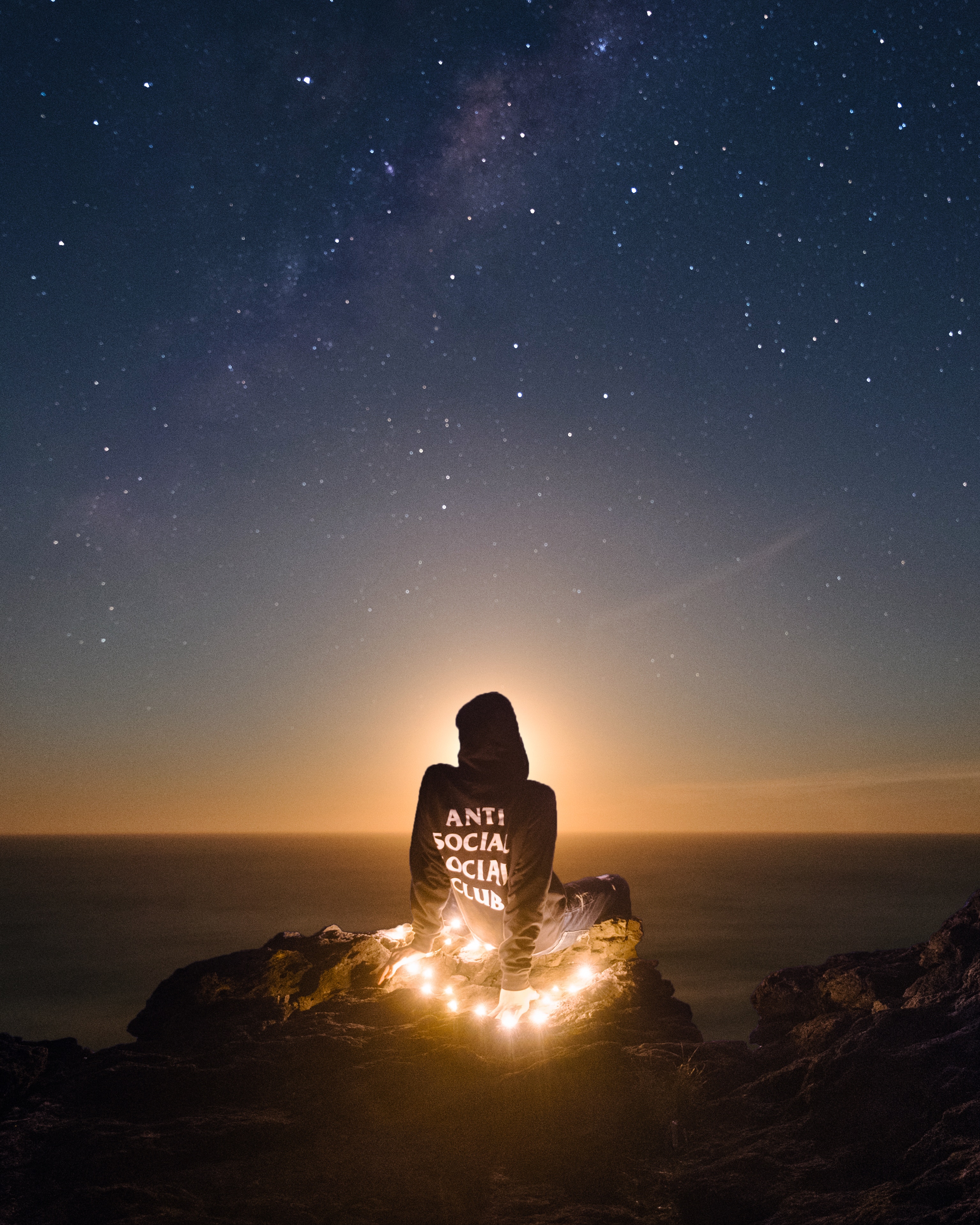 introvert, horizon, dark, privacy, seclusion, starry sky, human, person, loneliness, hill HD for desktop 1080p