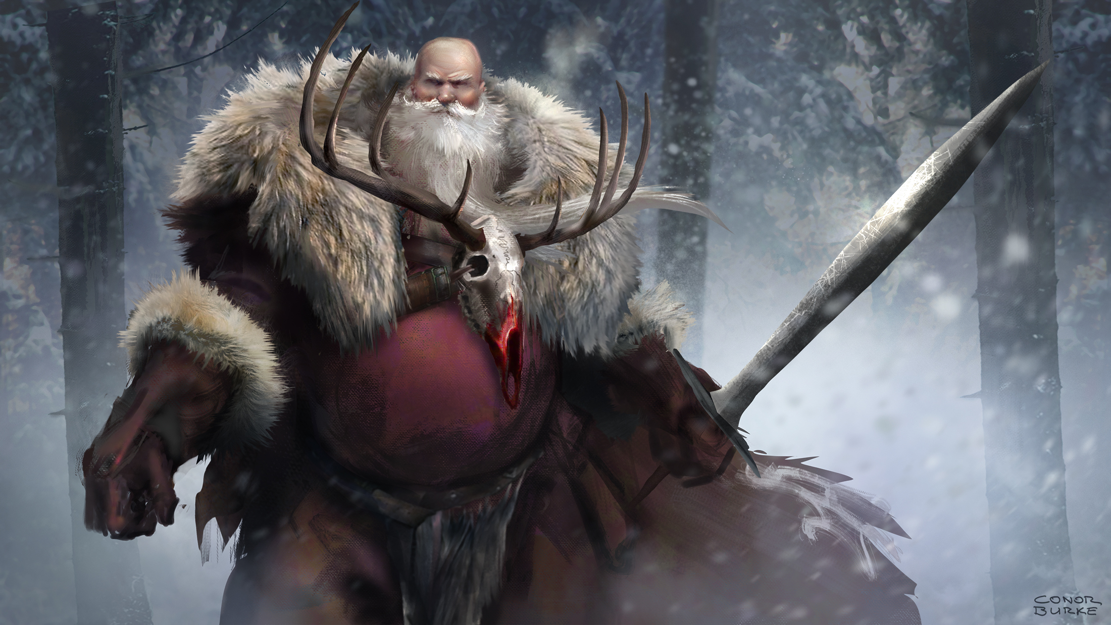 Free download wallpaper Fantasy, Beard, Warrior, Snowfall, Sword on your PC desktop
