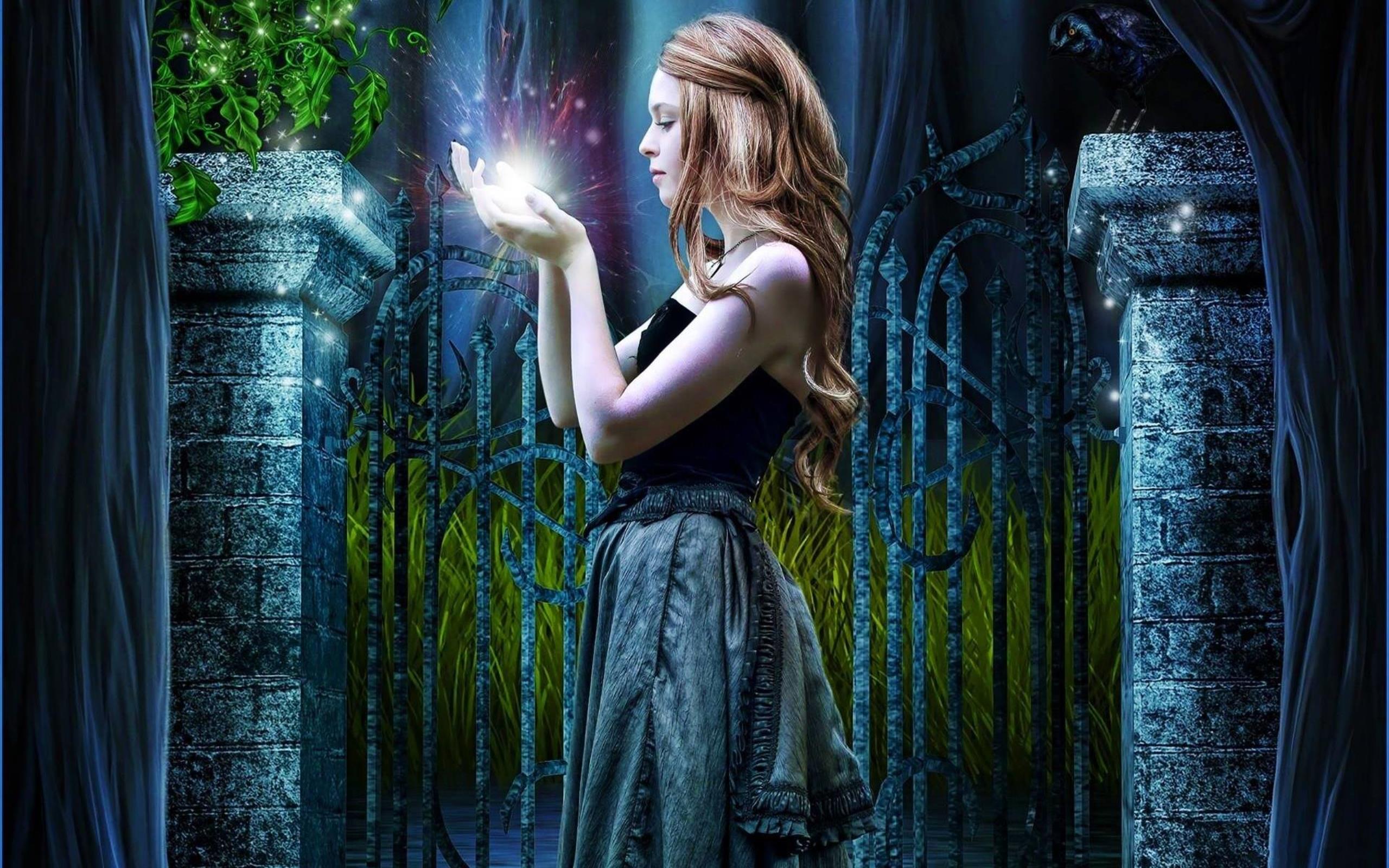 Download mobile wallpaper Magic, Fantasy, Fire, Artistic, Gate, Witch, Sorceress for free.