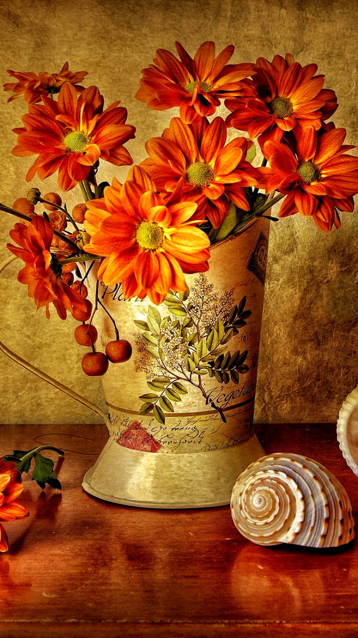 Download mobile wallpaper Still Life, Flower, Vase, Shell, Photography, Orange Flower for free.