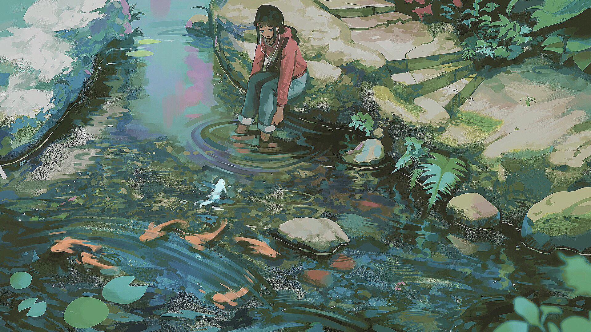 artistic, child, jeans, koi carp, pond