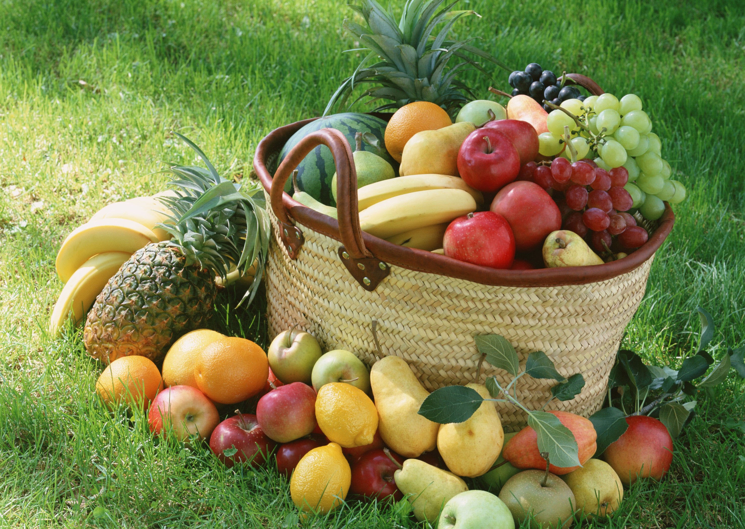 367519 завантажити картинку харчування, фрукти, яблуко, банан, кошик, виноград, лимон, апельсин (фрукти), груша, ананас - шпалери і заставки безкоштовно