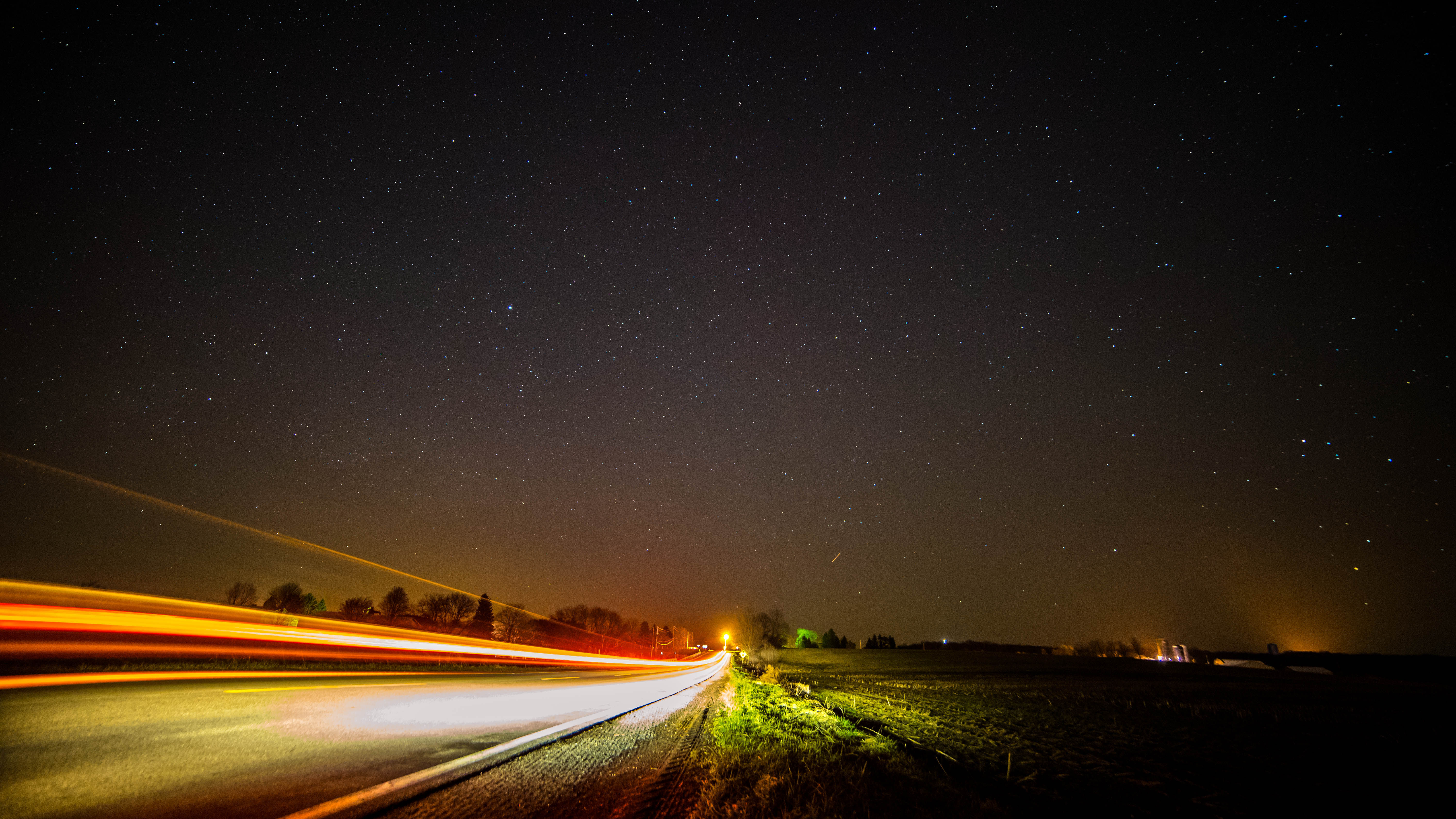 stars, night, dark, road, starry sky, long term exposure HD wallpaper