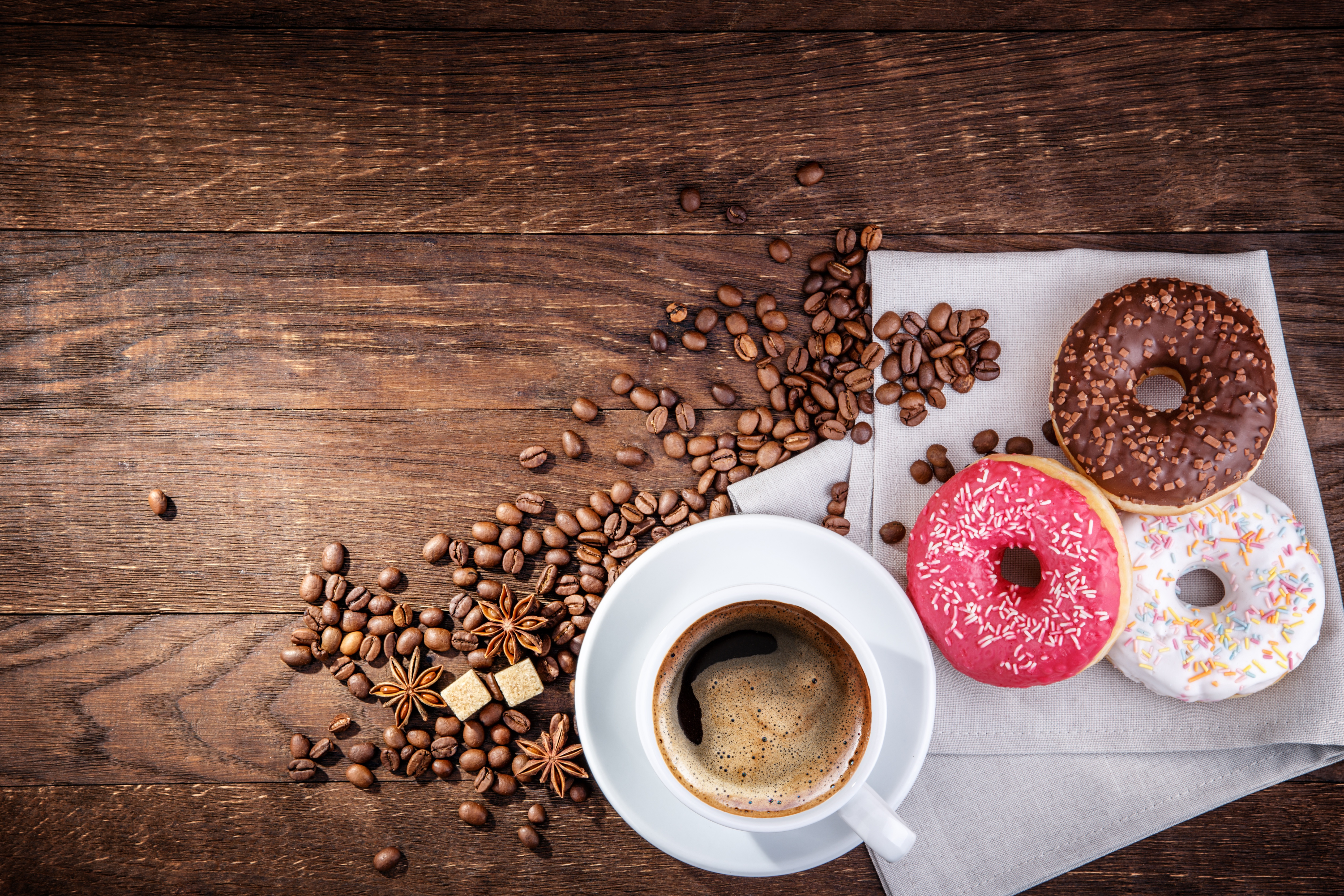 Free download wallpaper Food, Coffee, Still Life, Cup, Coffee Beans, Sweets, Doughnut on your PC desktop