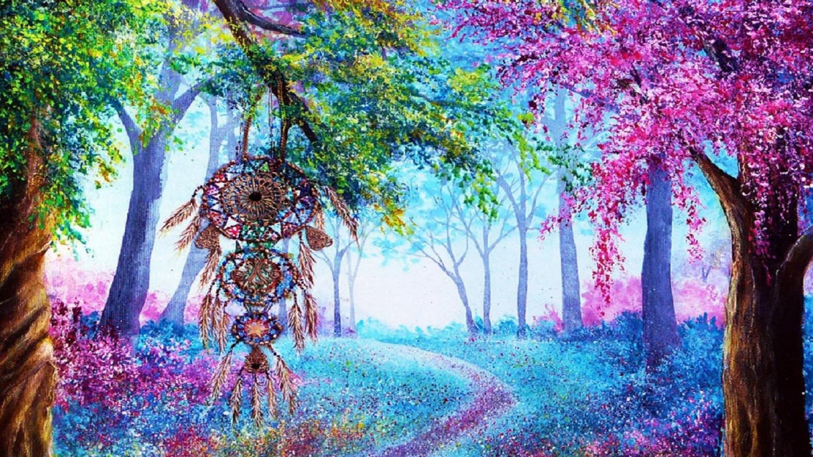 dreamcatcher, artistic, colorful, forest, path