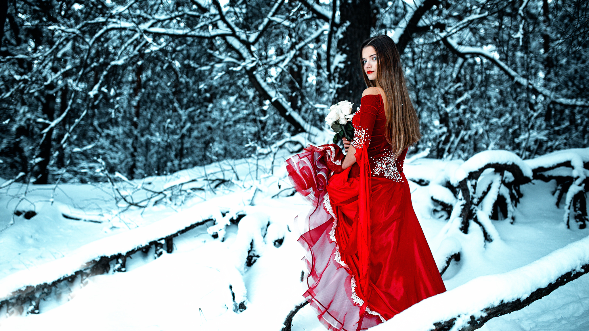 無料モバイル壁紙冬, 雪, 花, ブルネット, モデル, 女性, 口紅, 赤いドレス, アウトドアをダウンロードします。