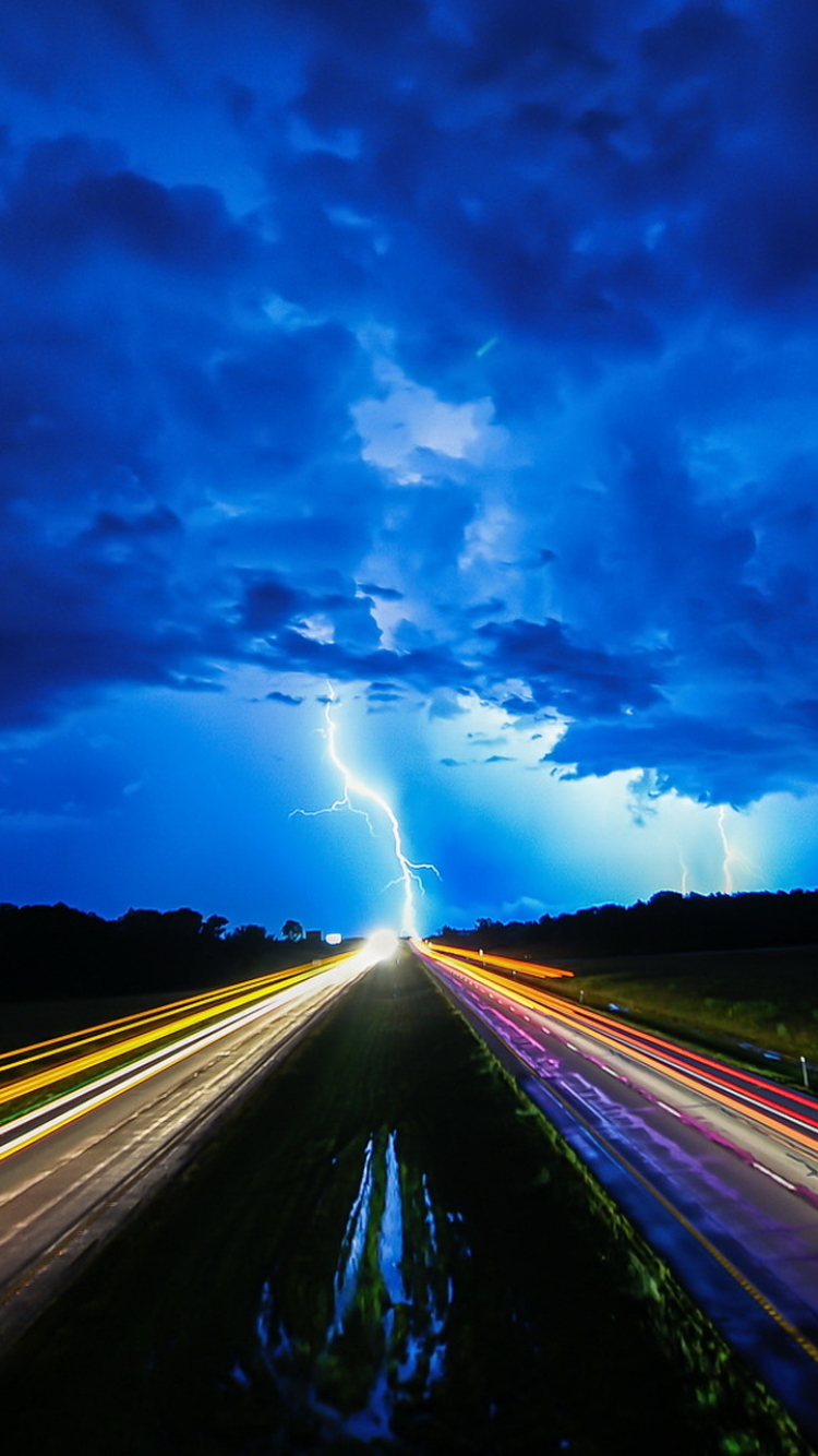 Download mobile wallpaper Landscape, Night, Lightning, Road, Cloud, Man Made, Time Lapse for free.