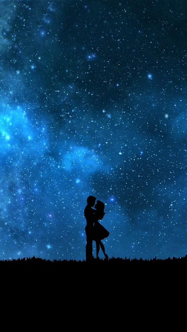 Download mobile wallpaper Sky, Stars, Night, Love, Silhouette, Couple, Starry Sky, Artistic, Hug, Romantic for free.