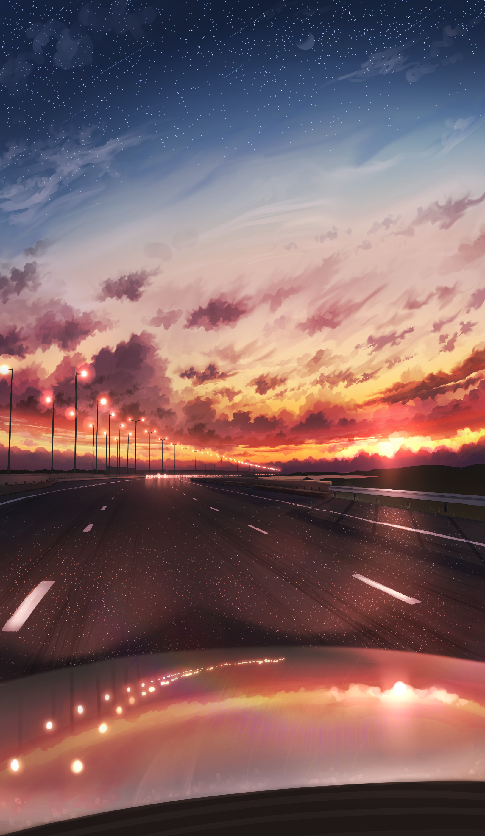 art, road, sunset, twilight, turn, dusk Panoramic Wallpaper