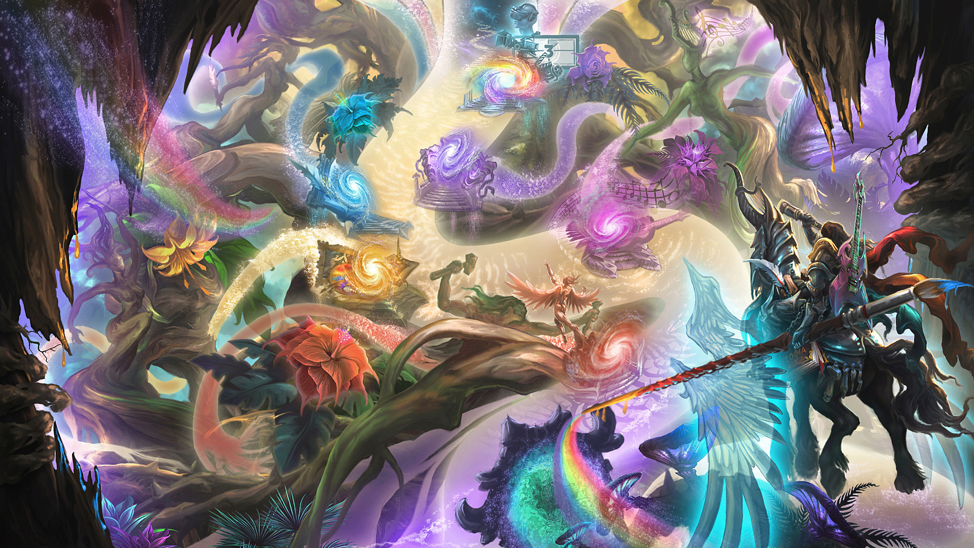 Download mobile wallpaper Magic, Fantasy, Rainbow, Flower, Tree, Galaxy, Artistic, Knight, Dreamworld for free.