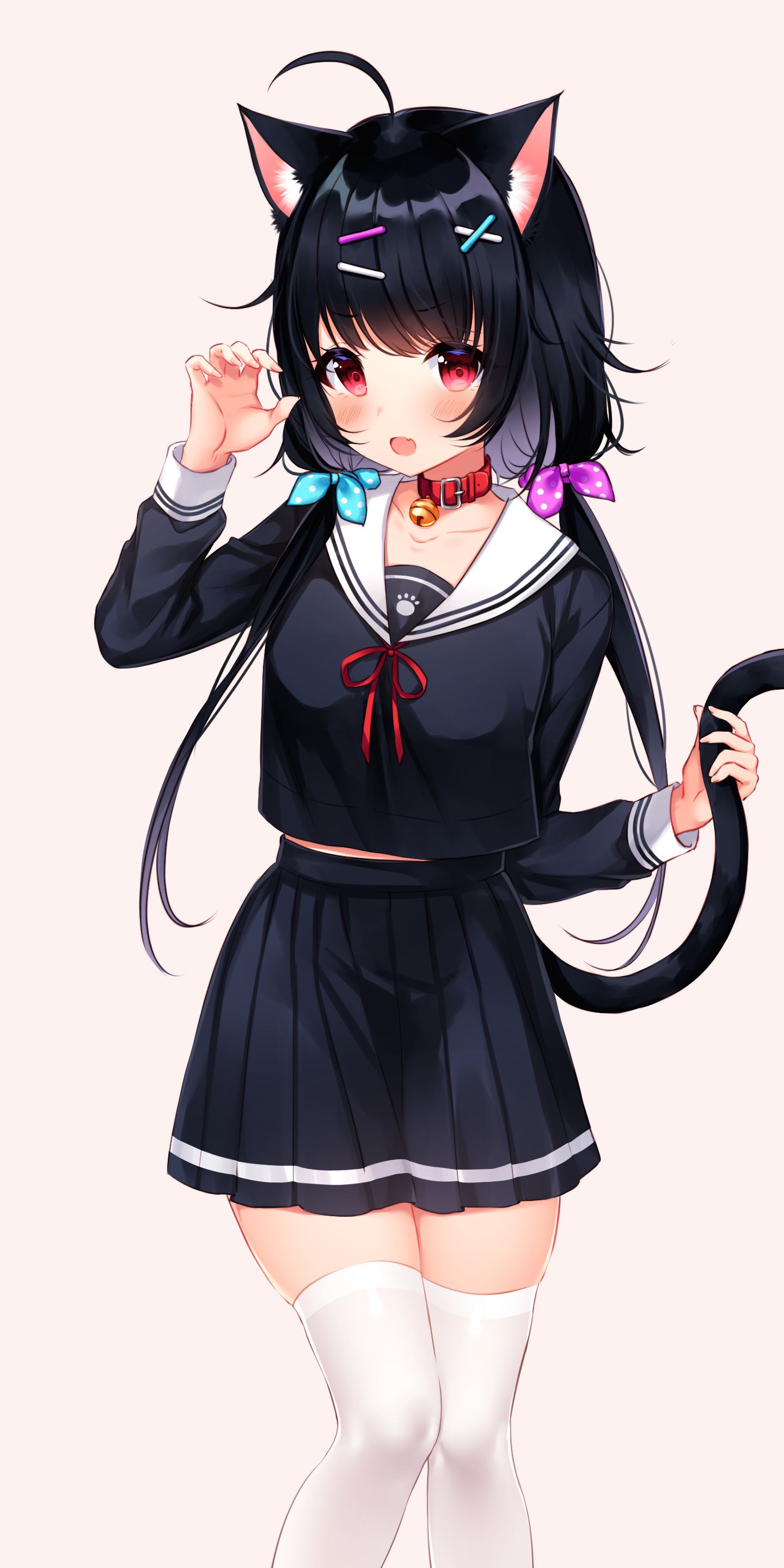 Download mobile wallpaper Anime, Skirt, Original, School Uniform, Red Eyes, Black Hair, Animal Ears for free.