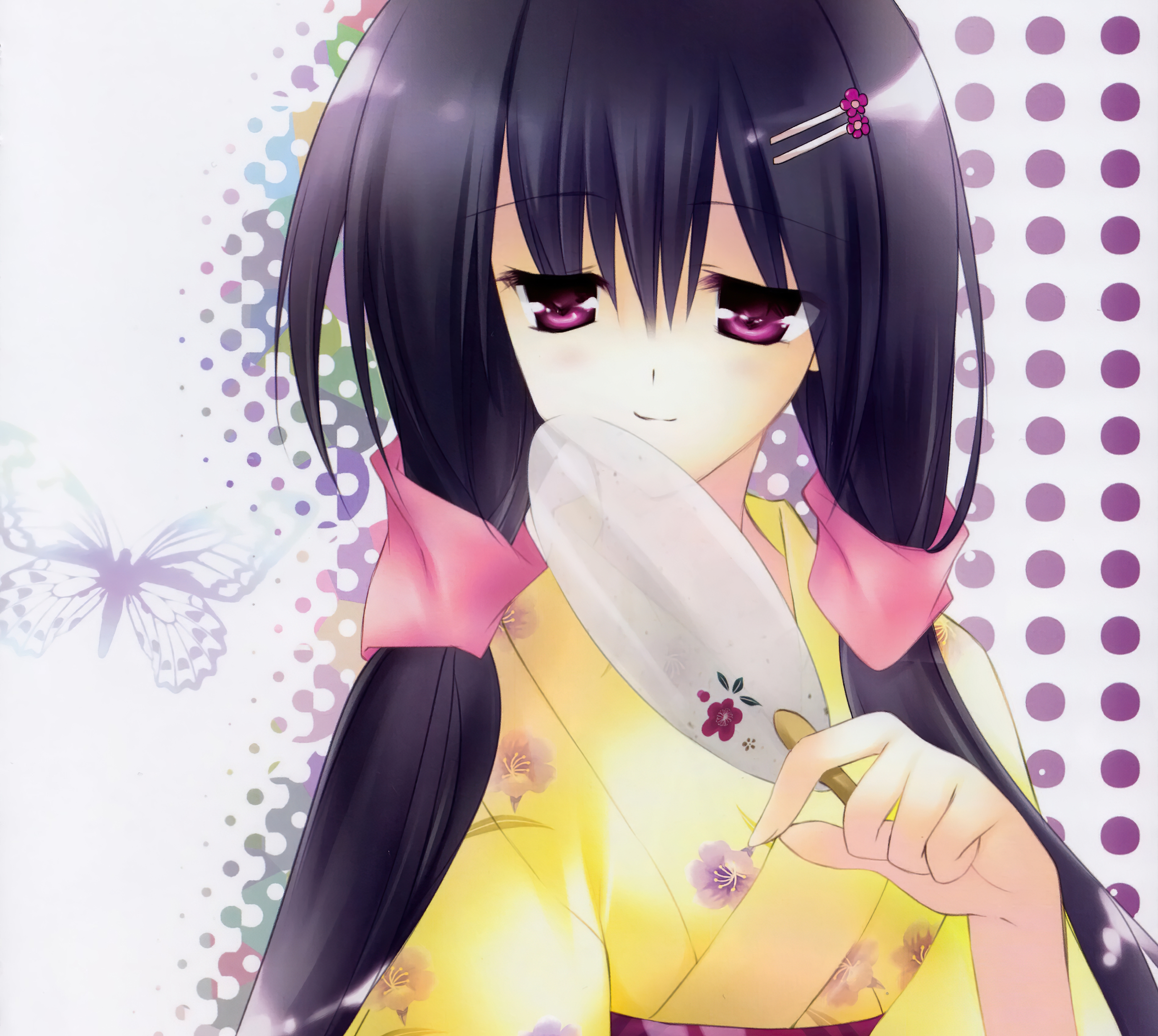 Download mobile wallpaper Anime, Butterfly, Kimono, Fan, Original, Blush, Black Hair, Long Hair, Purple Eyes for free.