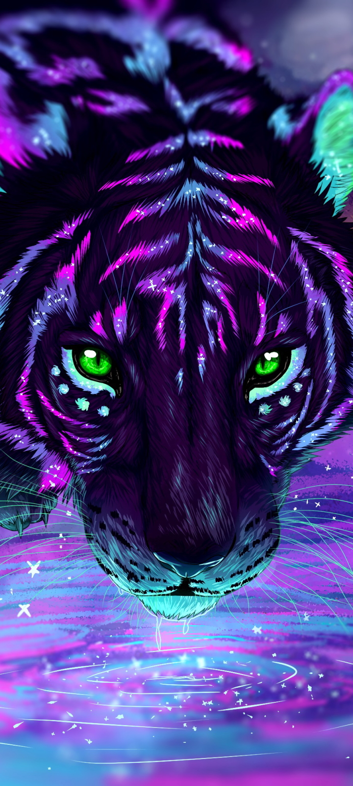 Download mobile wallpaper Water, Fantasy, Night, Reflection, Tiger, Green Eyes, Fantasy Animals for free.