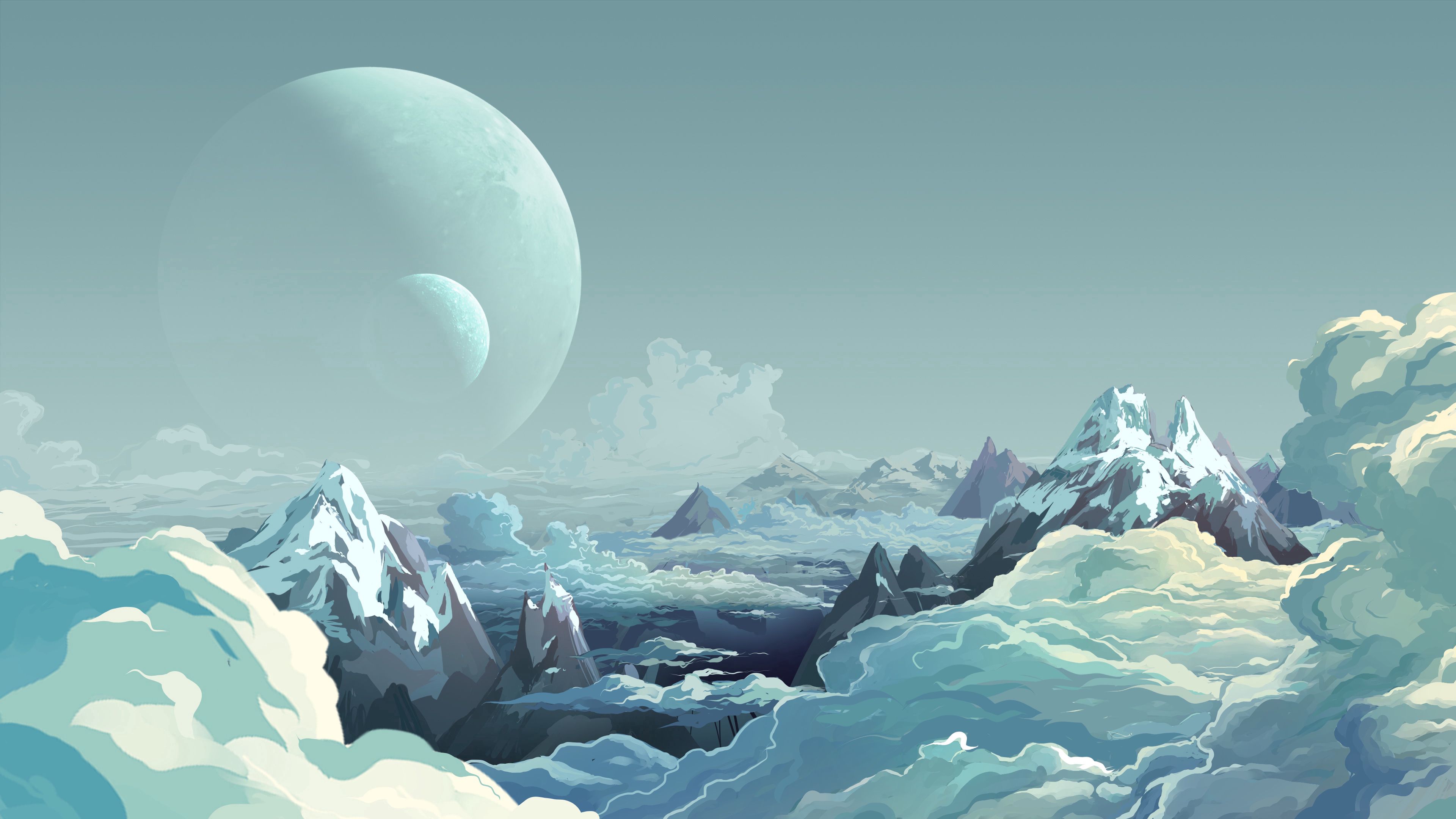 tops, art, vertex, clouds, mountains, planet HD wallpaper