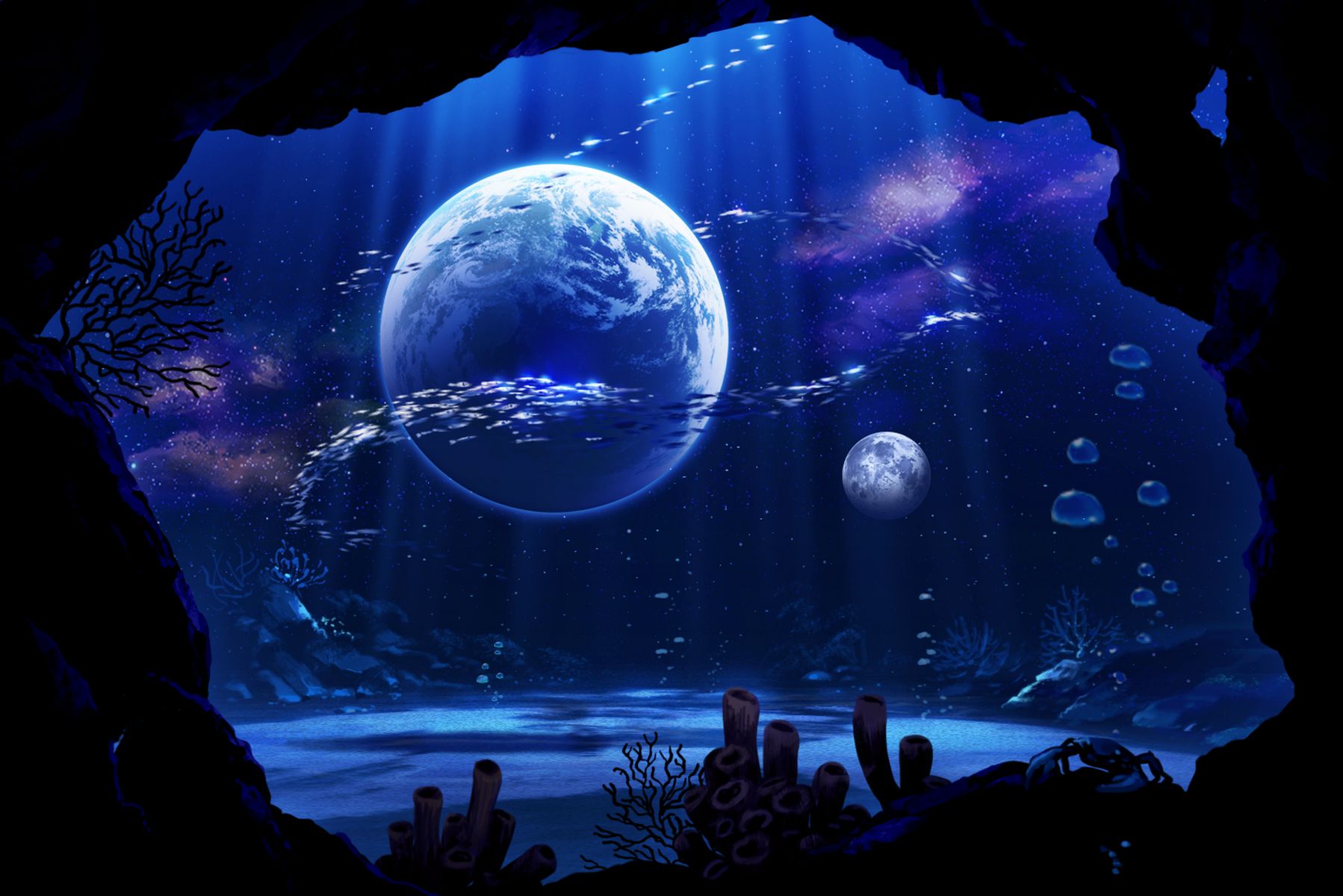 855276 скачать картинку под водой, аниме, пузыри, рыба, луна, планета, звезды, подводный - обои и заставки бесплатно