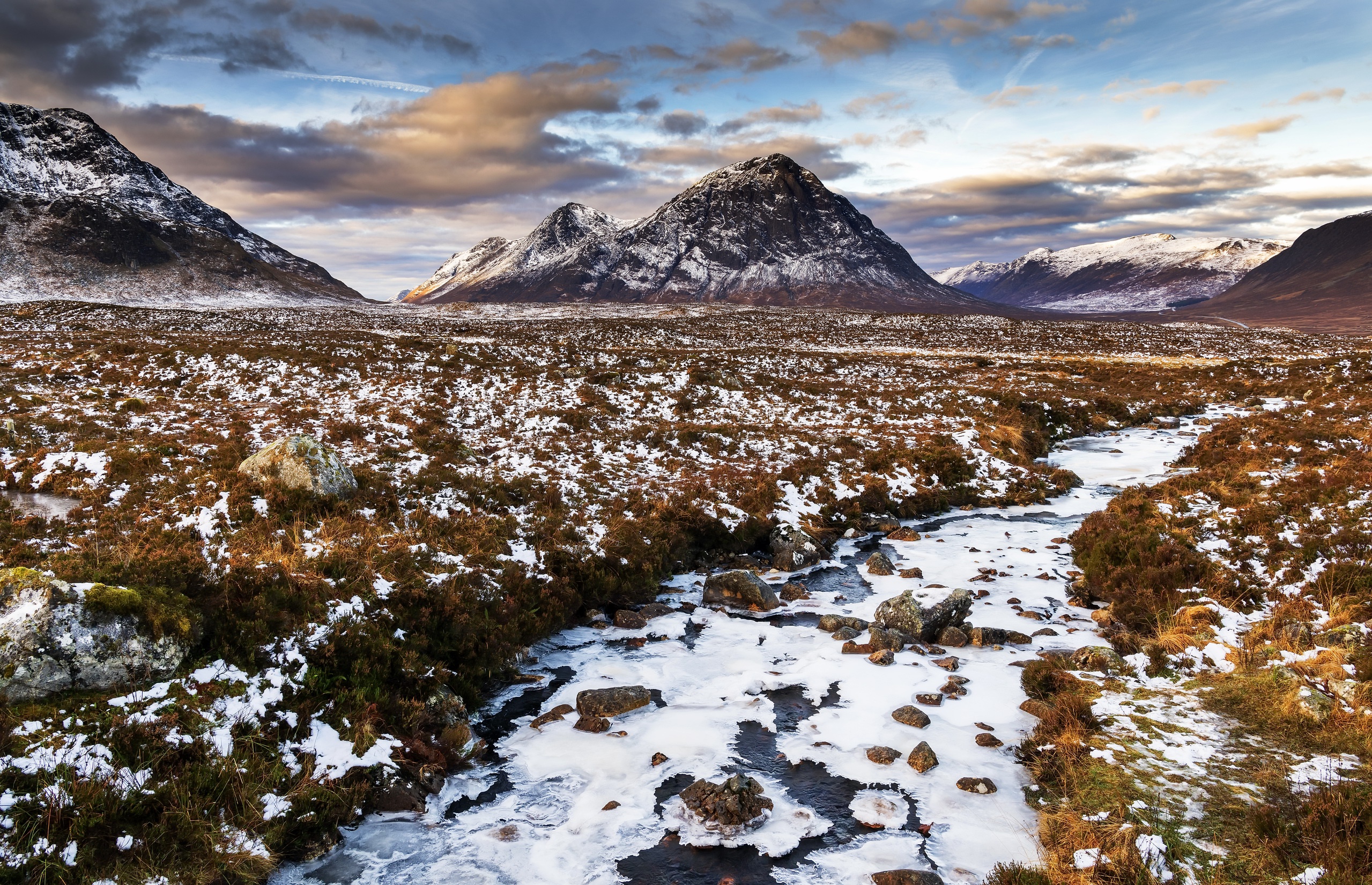 Download mobile wallpaper Landscape, Winter, Nature, Sky, Mountain, Earth, Stream, Cloud for free.