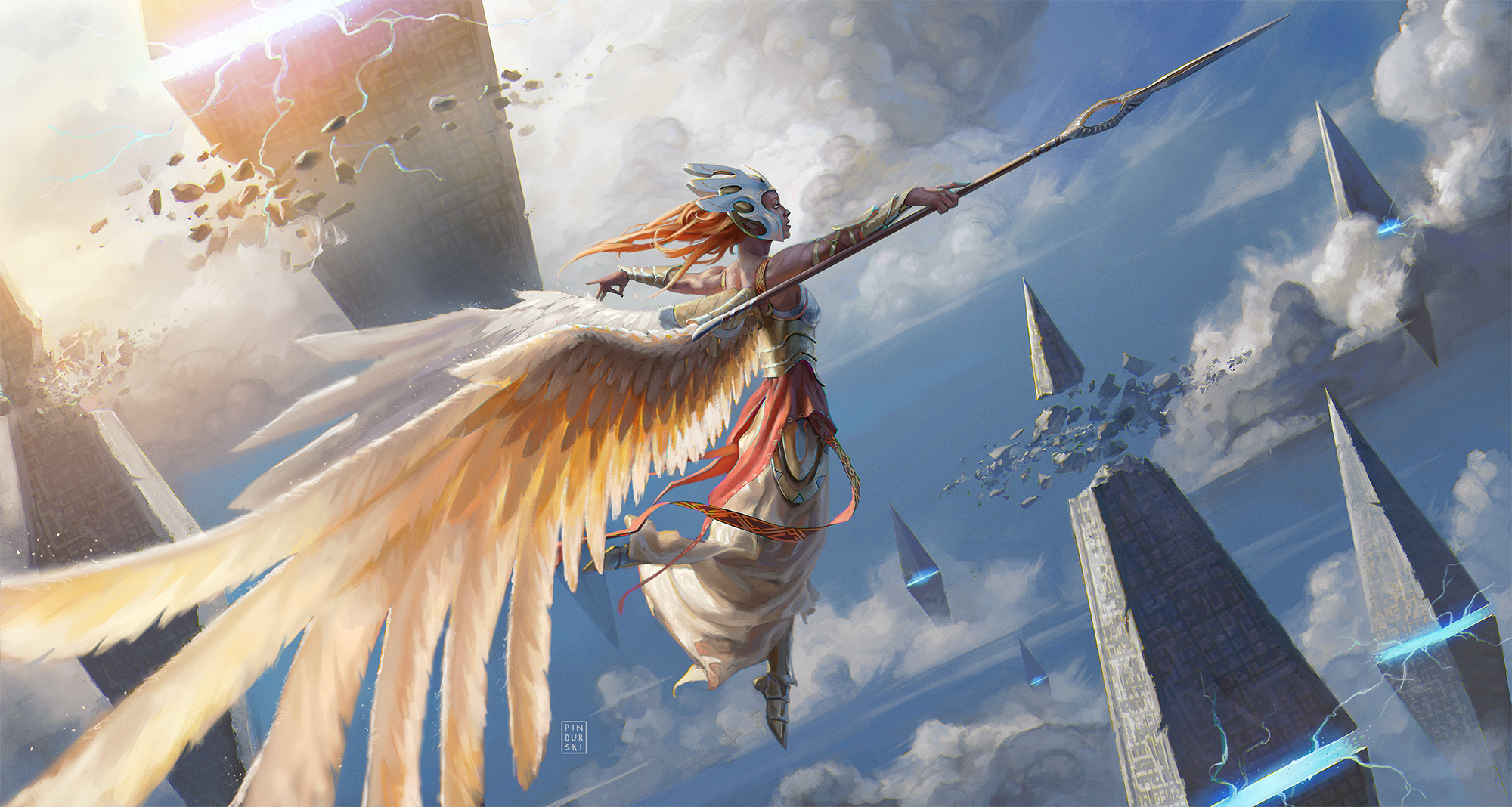 無料モバイル壁紙ファンタジー, 赤毛, 翼, 槍, 天使の戦士をダウンロードします。