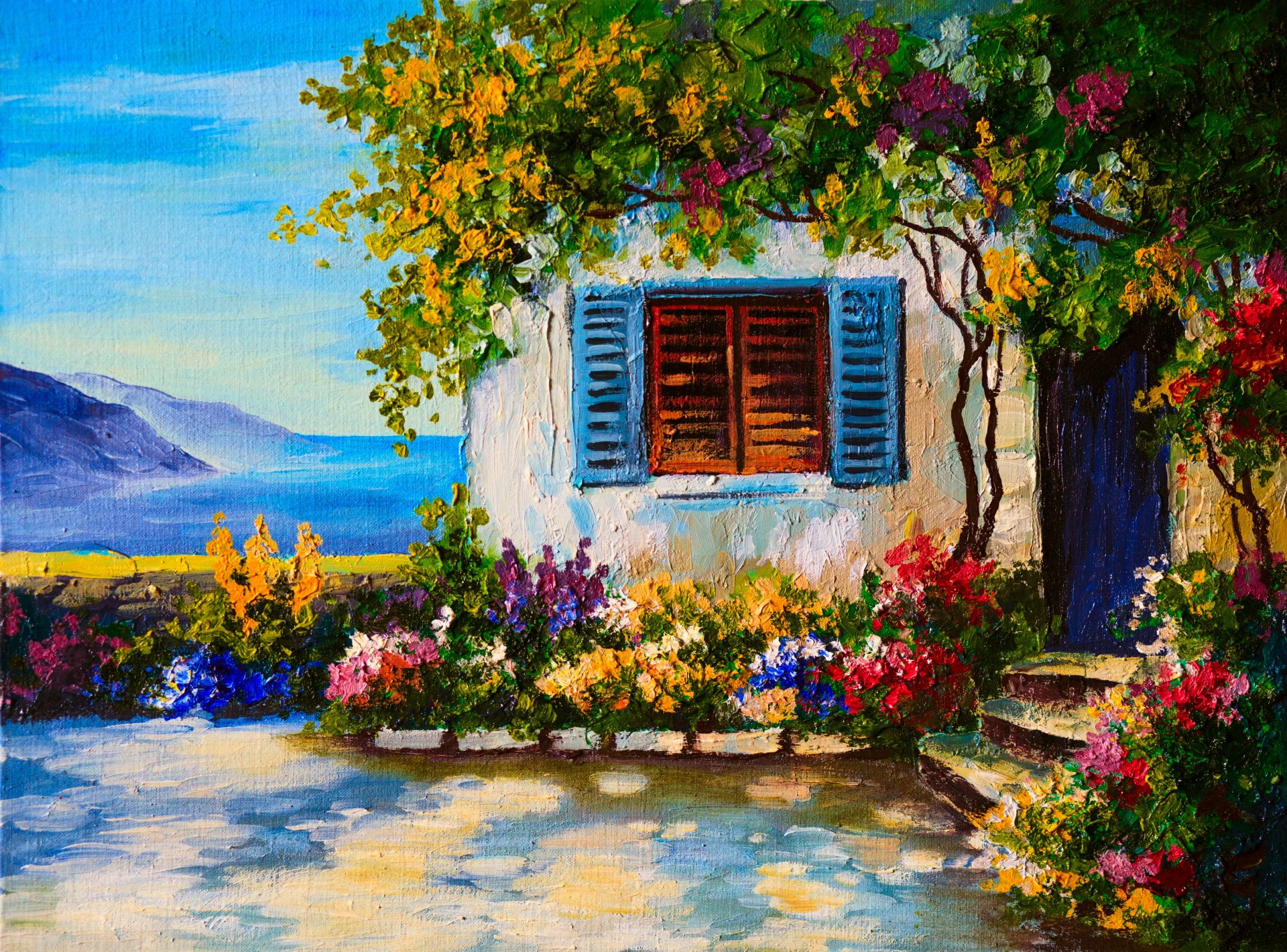 Download mobile wallpaper Flower, House, Garden, Colorful, Painting, Artistic, Shutters for free.
