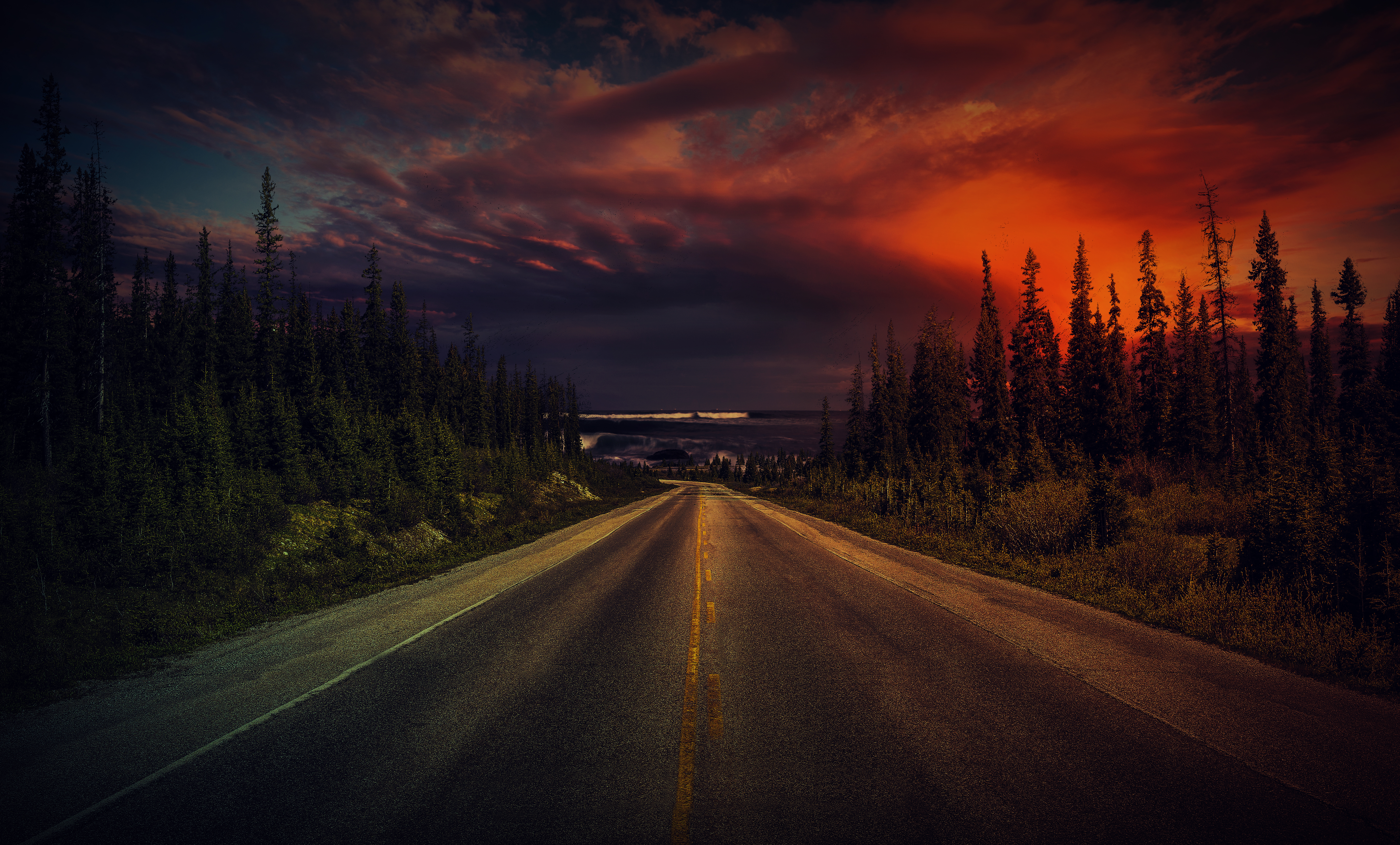 Download mobile wallpaper Landscape, Nature, Sunset, Sky, Horizon, Road, Man Made for free.