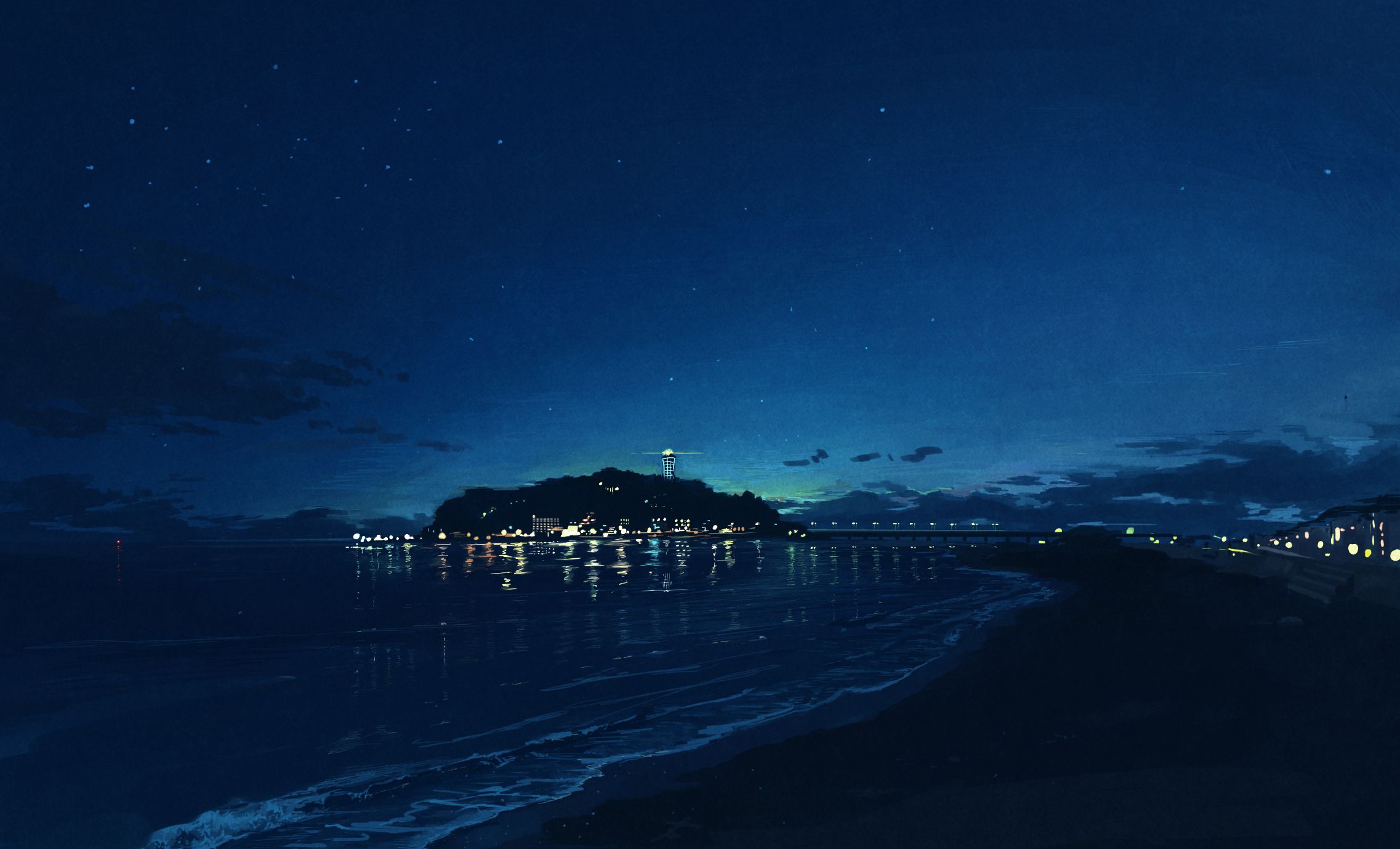 Download mobile wallpaper Anime, Water, Sky, Night, Beach, Building, Reflection, Bridge, Cloud, Original for free.
