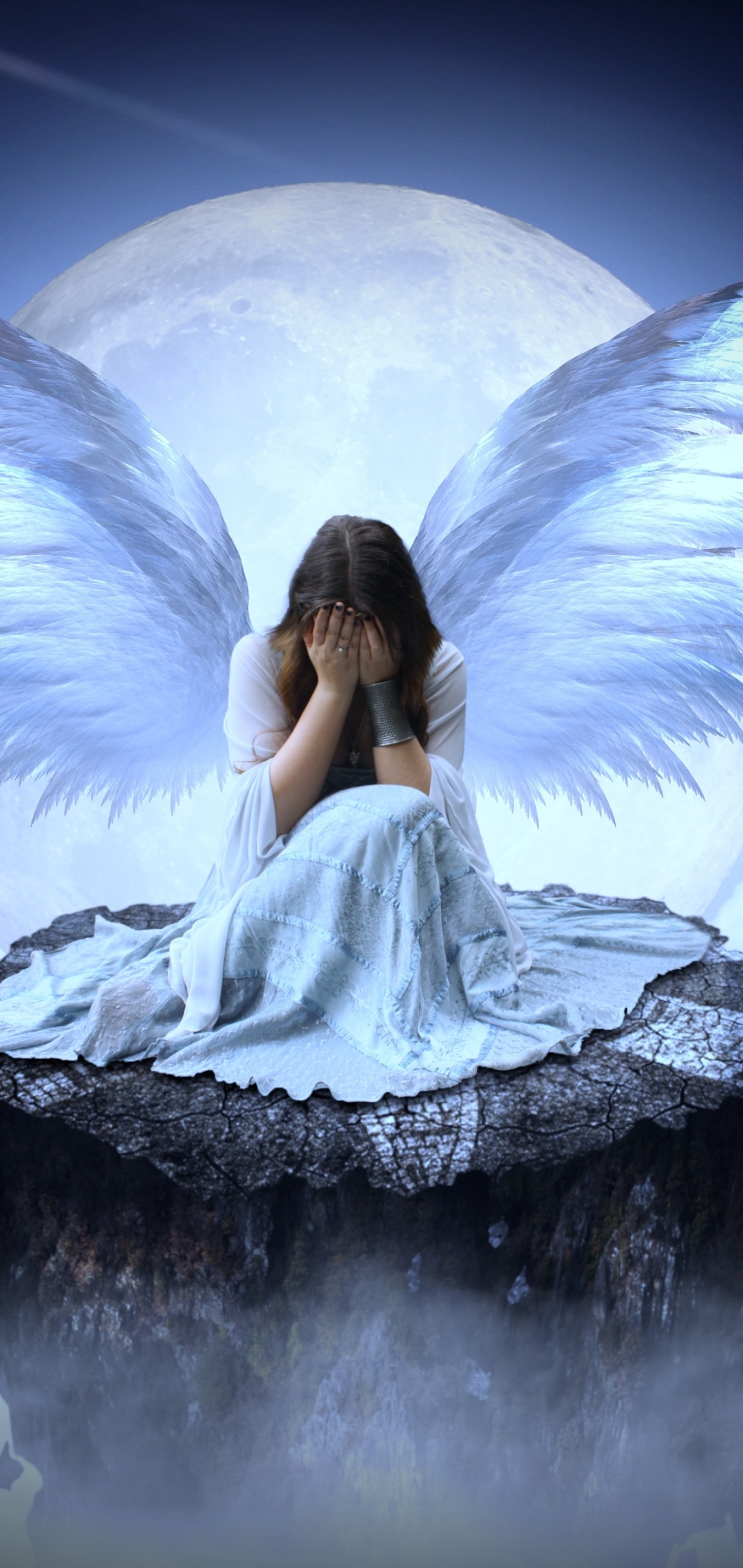 Download mobile wallpaper Fantasy, Sad, Angel, Full Moon, Crying for free.