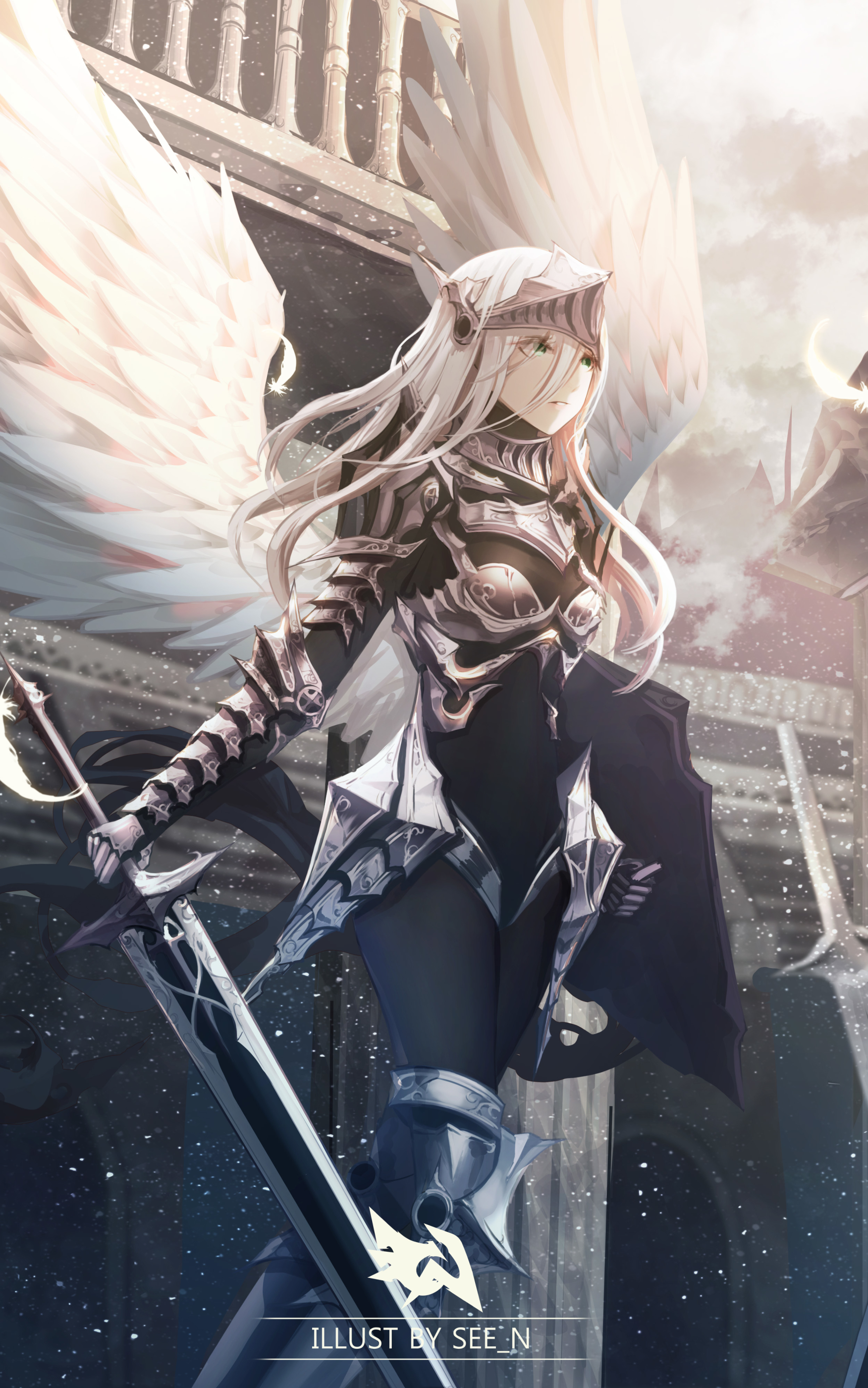 Download mobile wallpaper Anime, Wings, Angel, Armor, Sword, Original, Long Hair, White Hair for free.