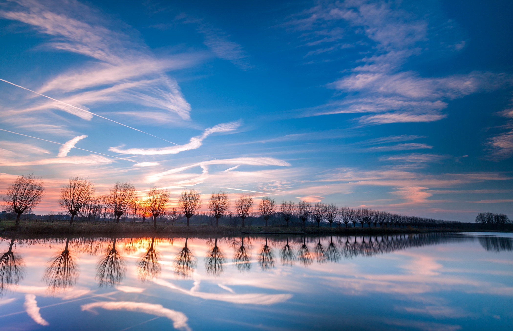 Download mobile wallpaper Nature, Sky, Reflection, Earth, River, Tree Lined for free.