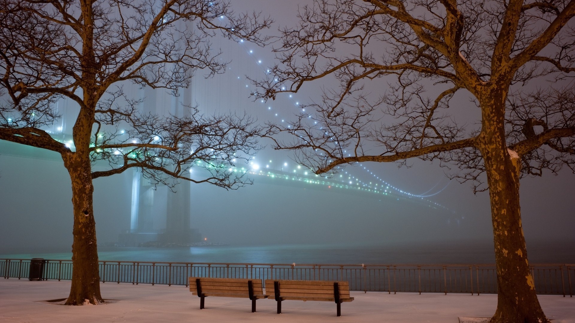 Скачать обои бесплатно Зима, Деревья, Ночь, Пейзаж, Мосты картинка на рабочий стол ПК
