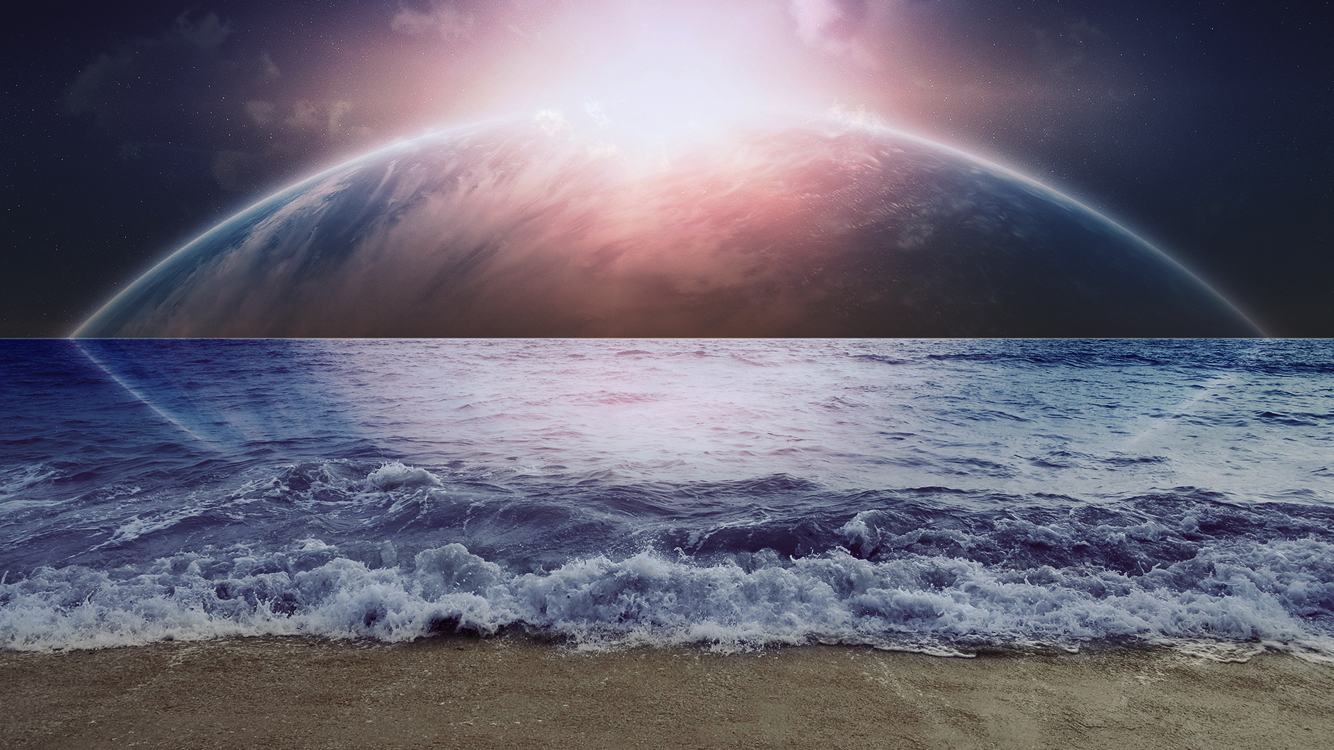 Download mobile wallpaper Wave, Planet Rise, Beach, Ocean, Sci Fi for free.