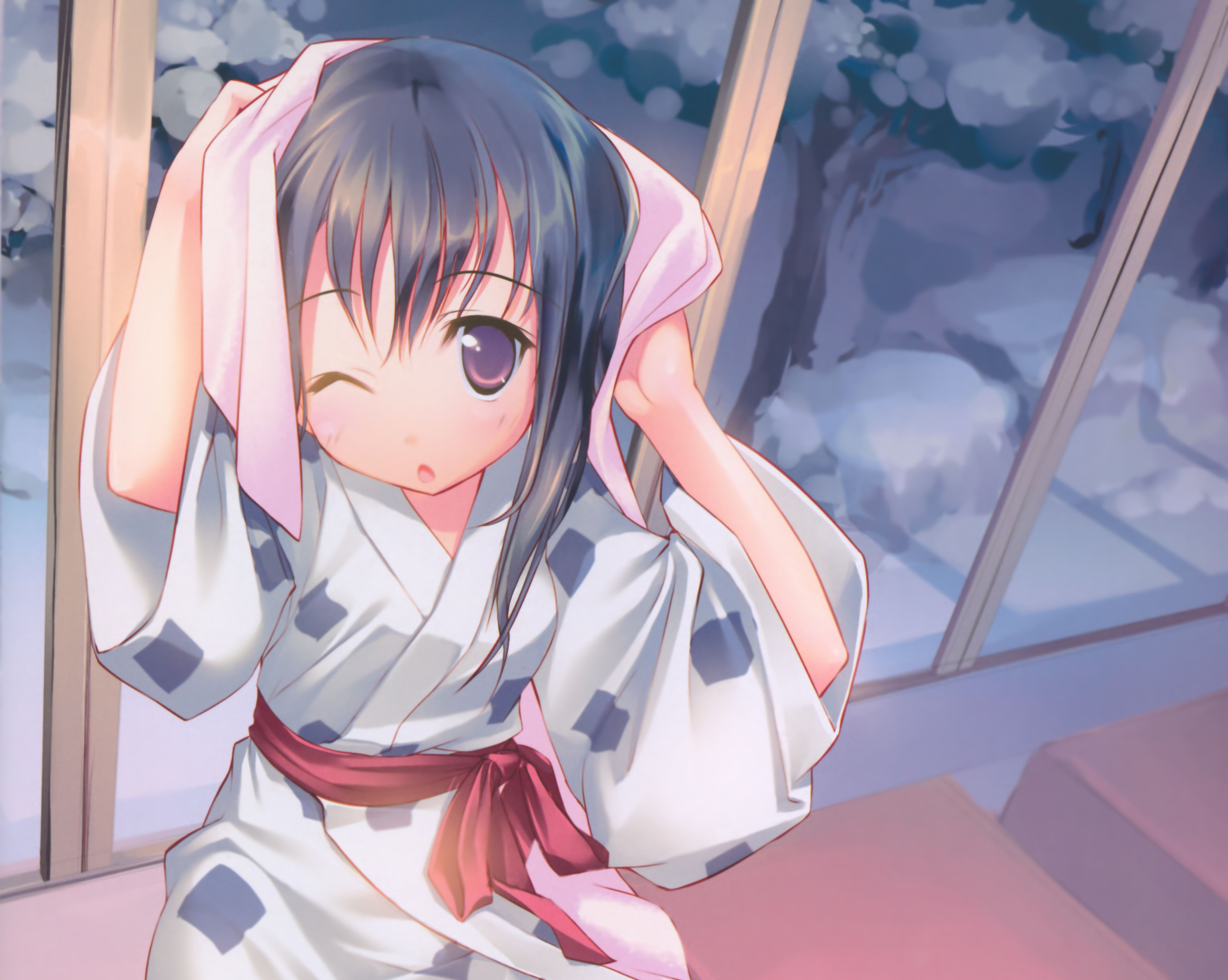 Download mobile wallpaper Anime, Kimono, Towel, Original, Blush, Black Hair, Long Hair, Purple Eyes for free.