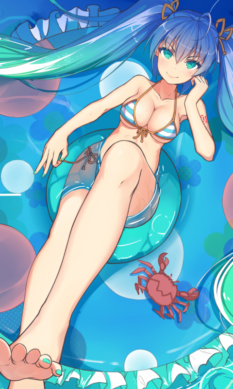 Download mobile wallpaper Anime, Legs, Vocaloid, Crab, Green Hair, Green Eyes, Feet, Hatsune Miku, Long Hair, Bikini for free.