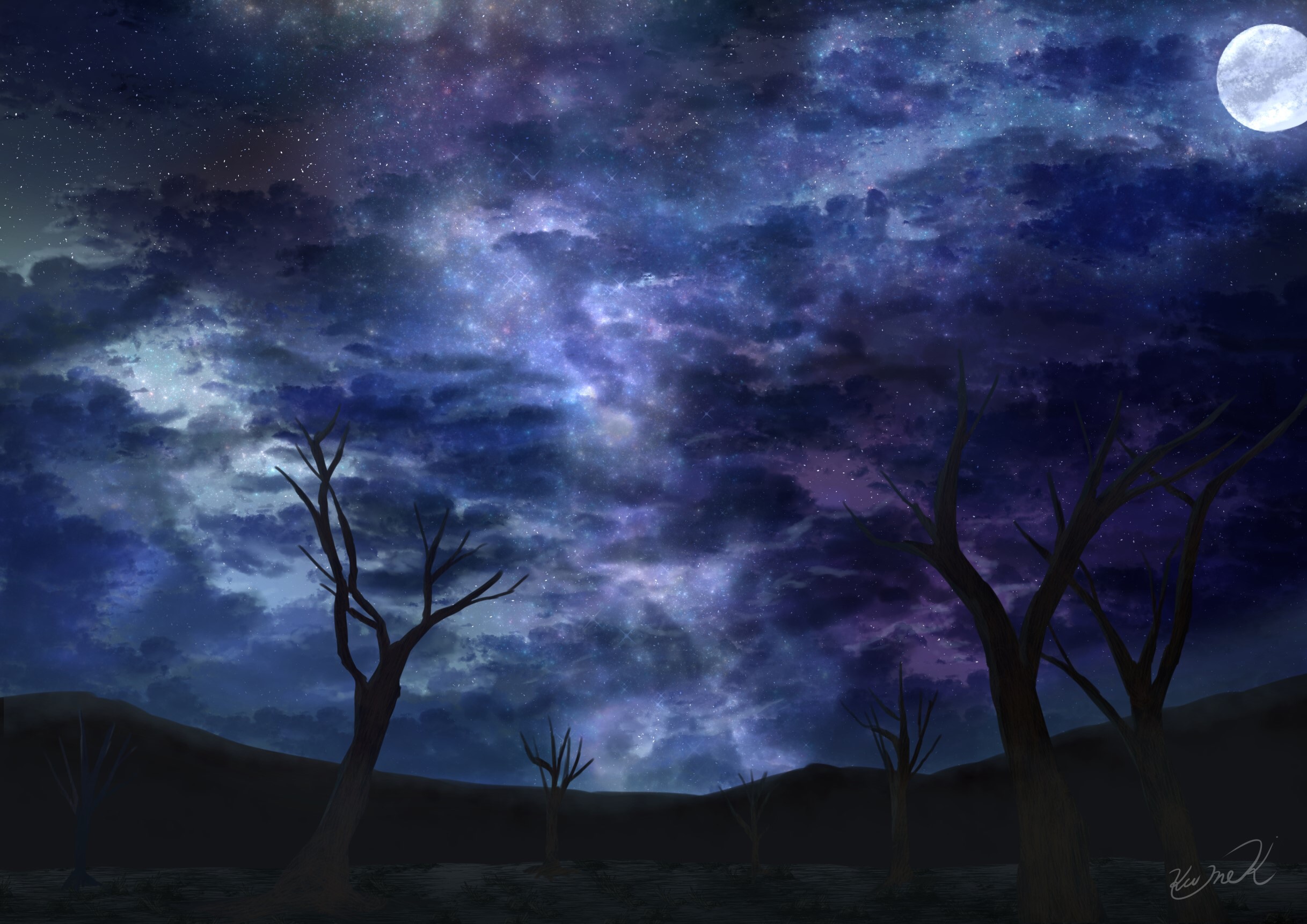 Free download wallpaper Anime, Sky, Stars, Night, Tree, Hill, Cloud, Original on your PC desktop