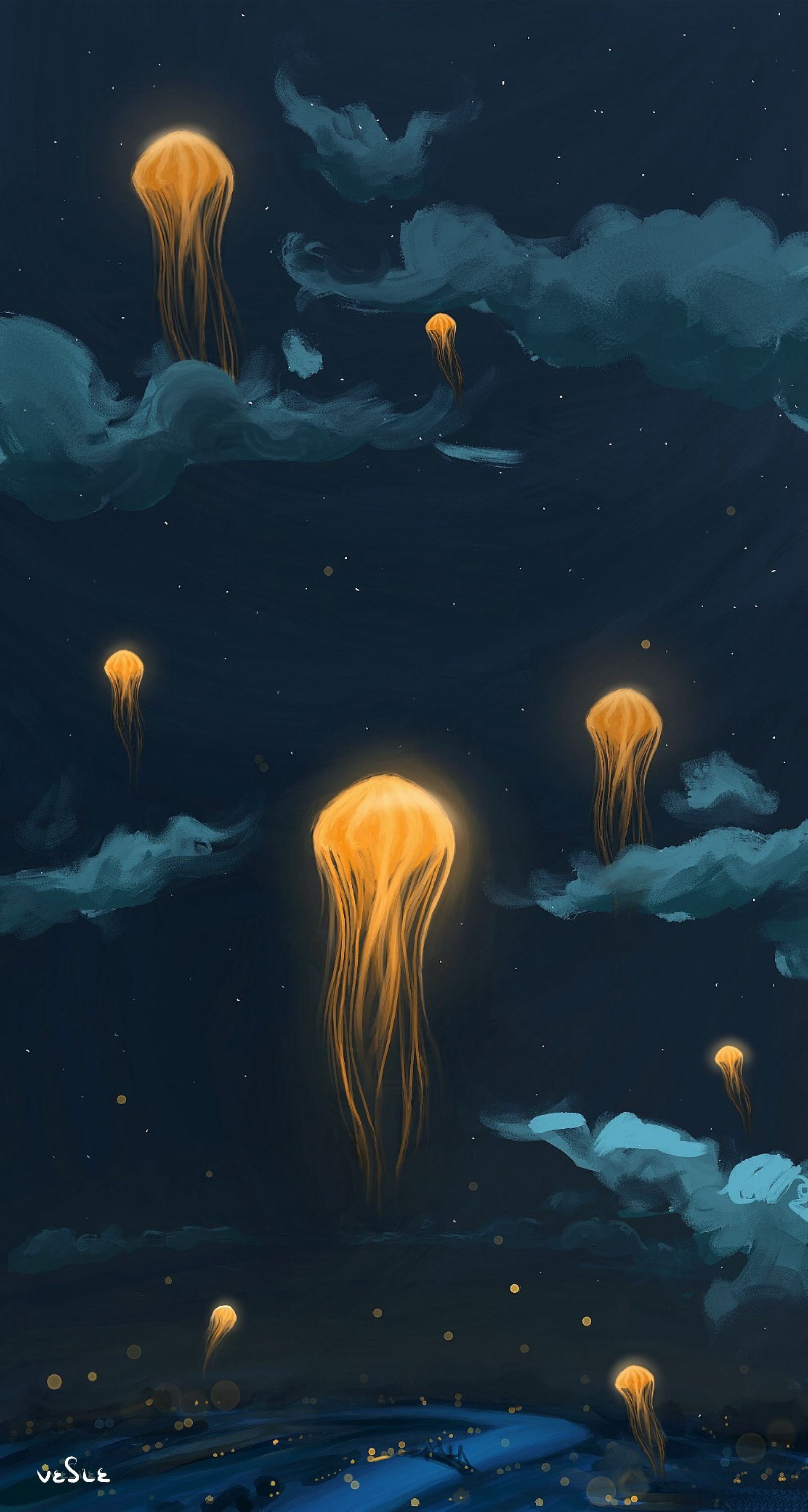 jellyfish, fantastic, art, sky, night, flashlights