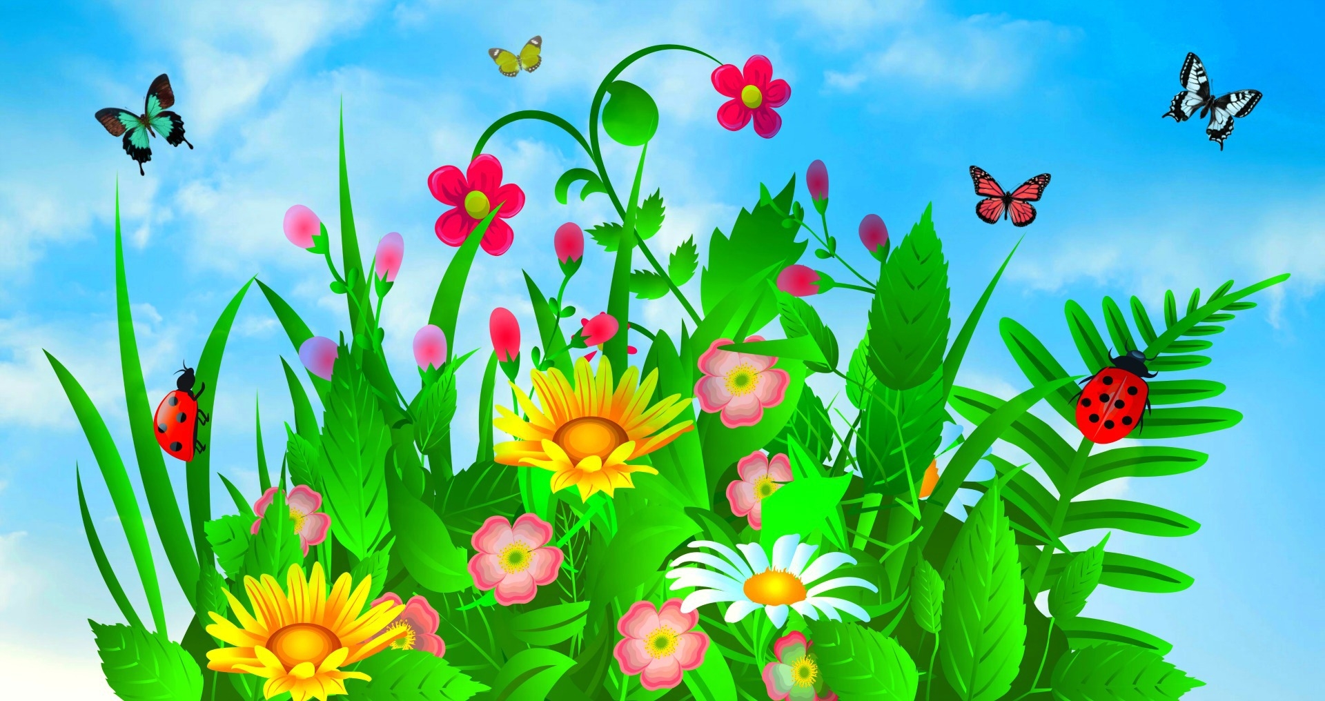Скачать обои бесплатно Цветок, Растение, Бабочка, Листва, Красочный, Весна, Художественные картинка на рабочий стол ПК