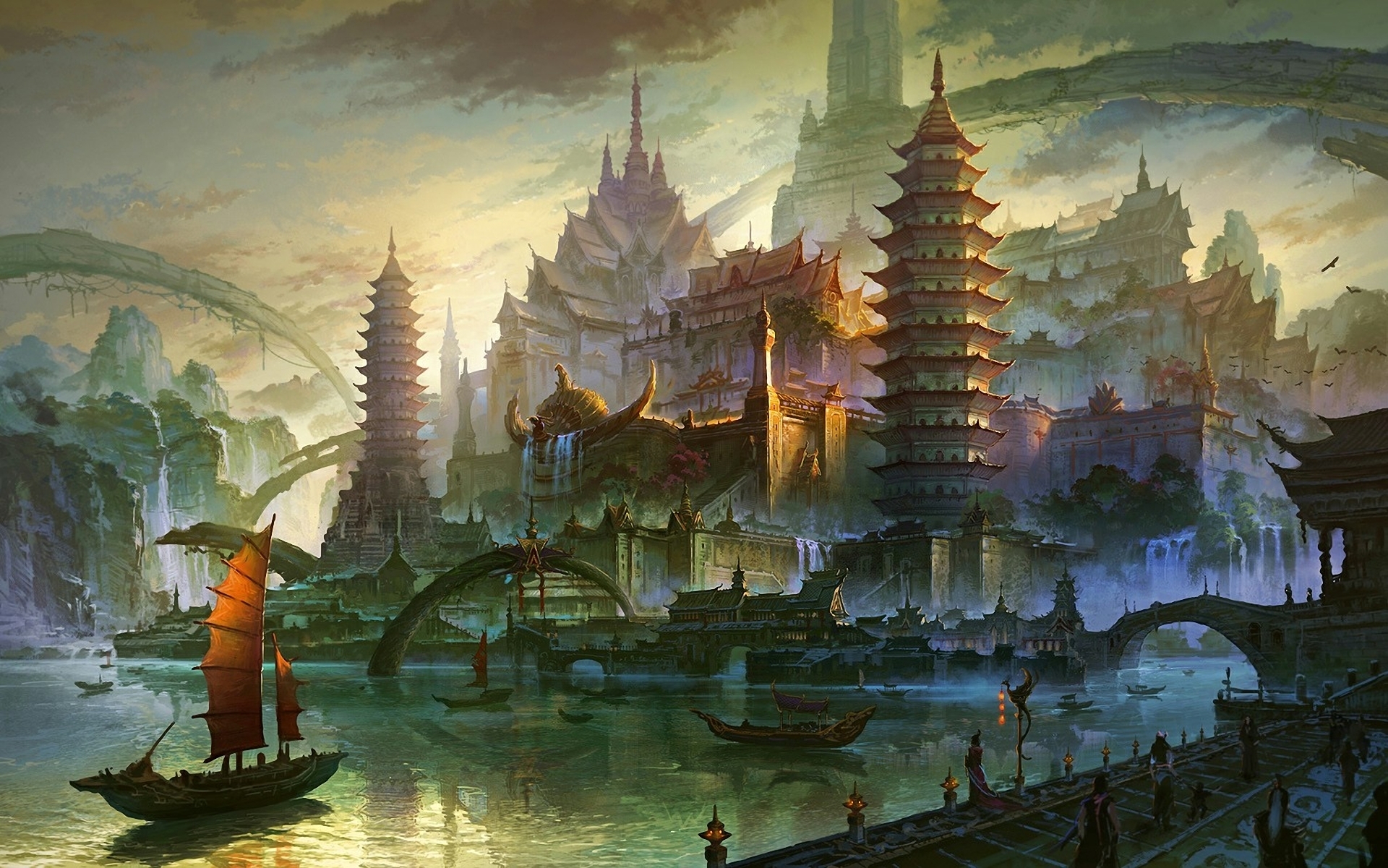 river, fantasy, oriental, boat, bridge, building, reflection, town