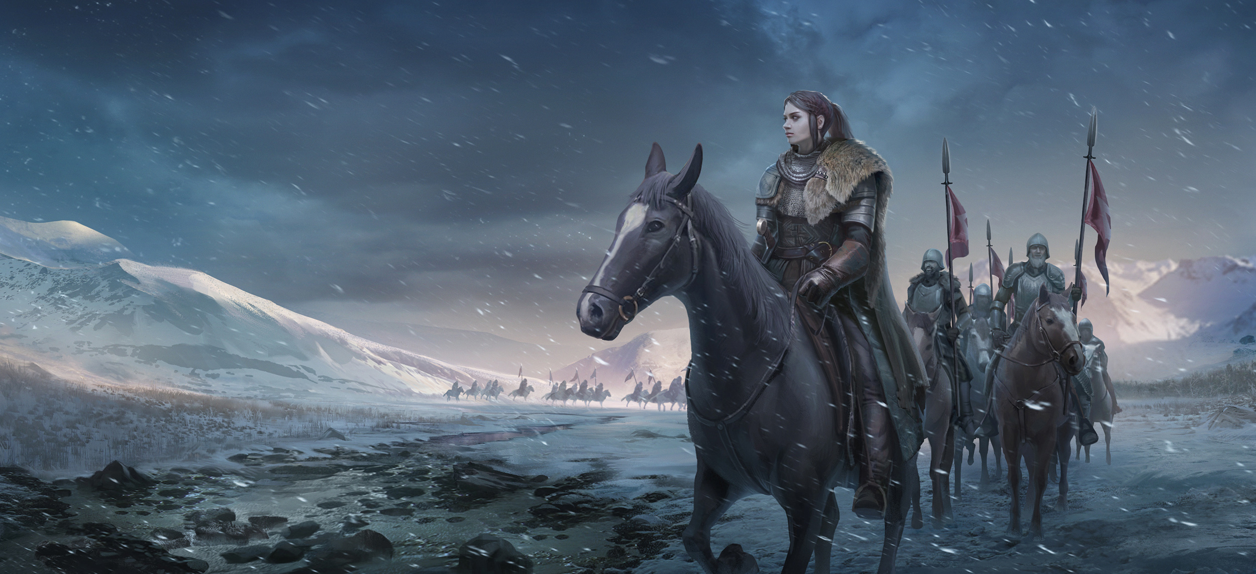 Download mobile wallpaper Winter, Fantasy, Warrior, Knight, Snowfall, Woman Warrior for free.