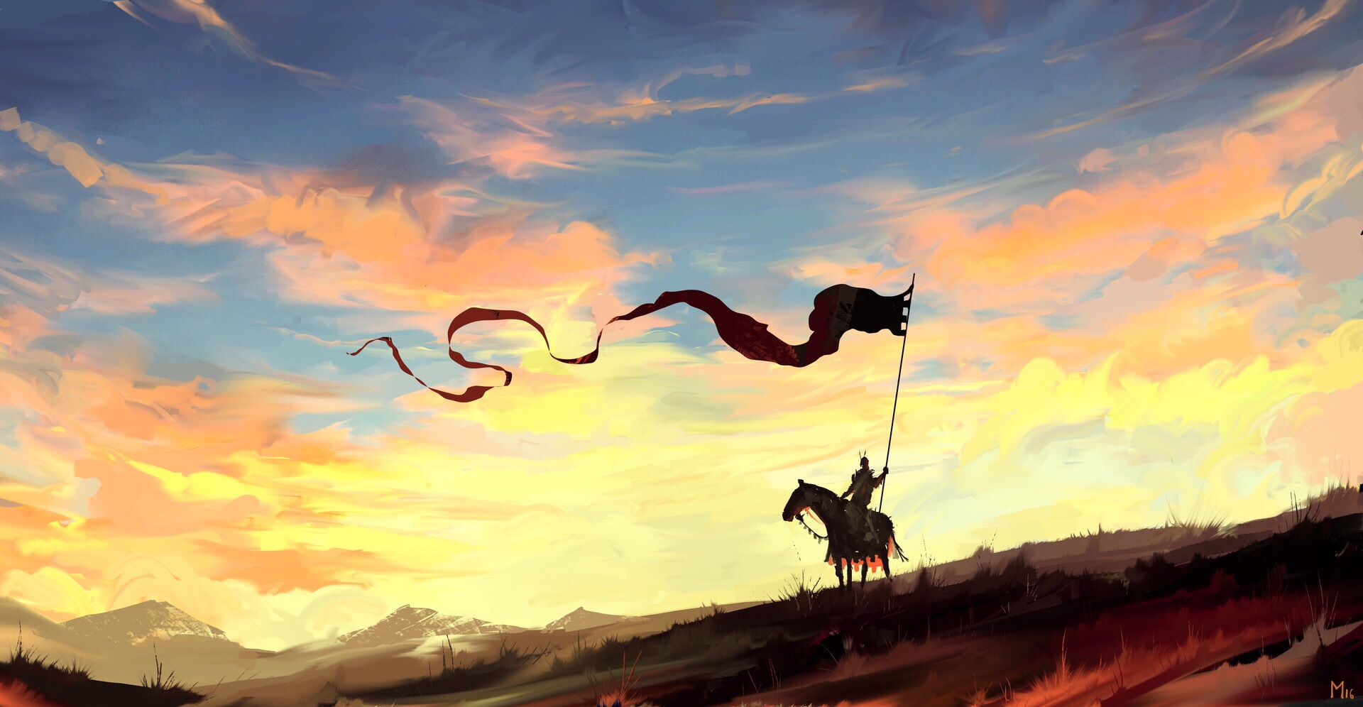 Free download wallpaper Fantasy, Sky, Horse, Knight, Banner on your PC desktop