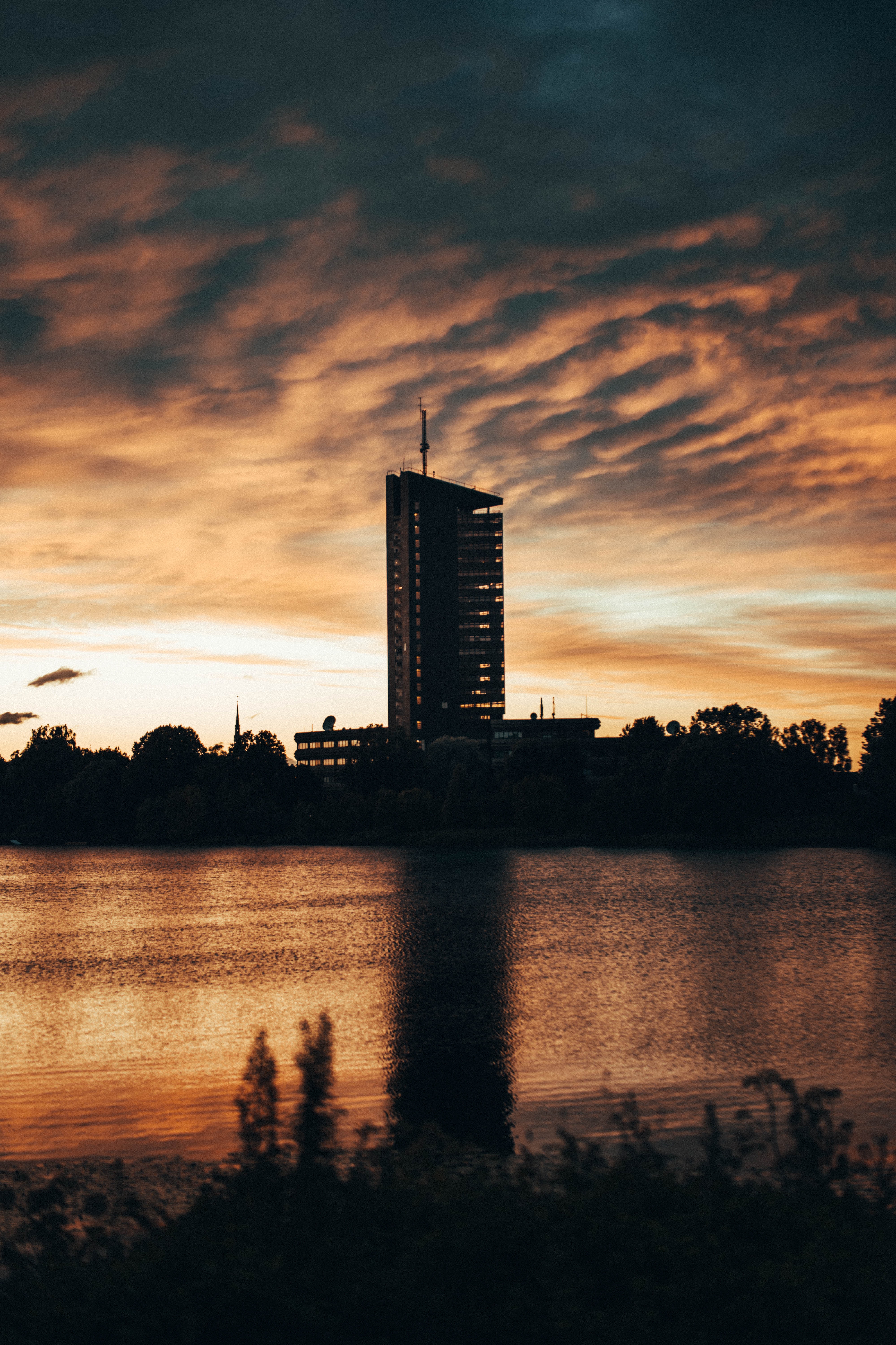 rivers, sunset, building, dark, silhouette, apartments