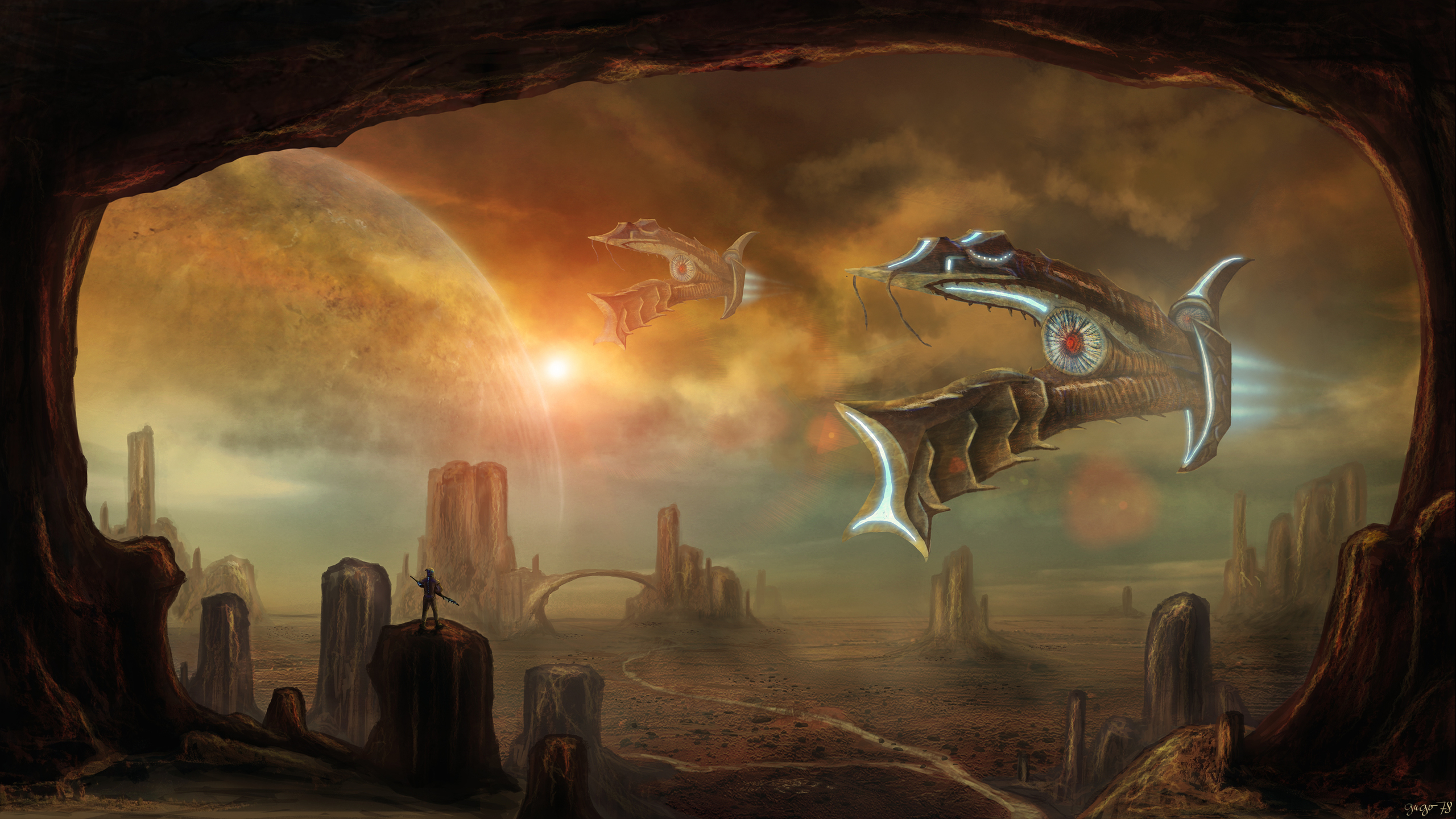 Free download wallpaper Landscape, Desert, Arch, Sci Fi, Spaceship on your PC desktop