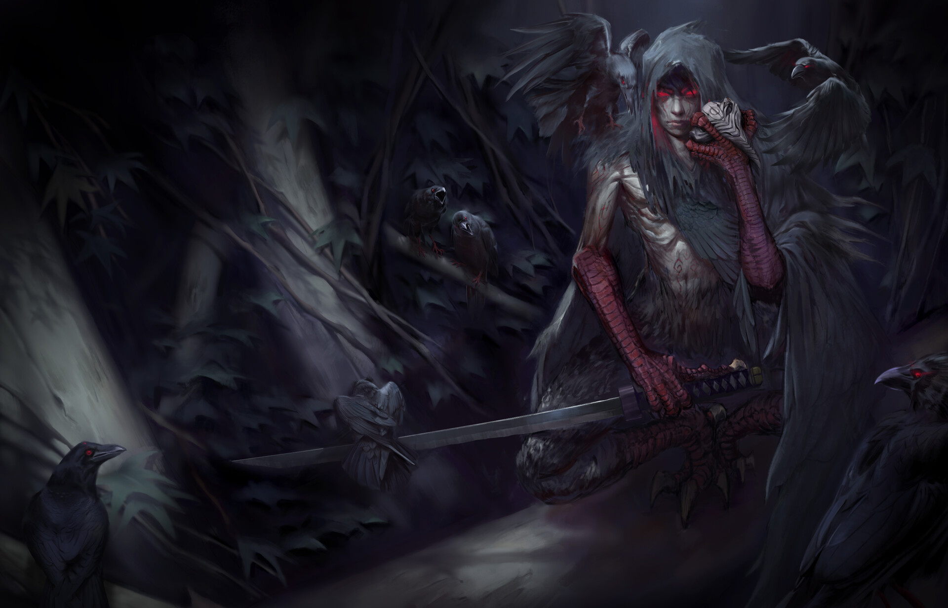 Download mobile wallpaper Dark, Creature, Crow, Demon, Katana, Red Eyes for free.