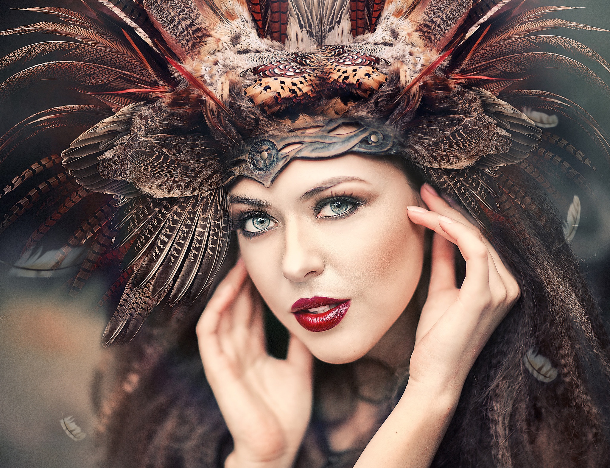 Download mobile wallpaper Face, Model, Women, Headdress, Blue Eyes, Lipstick for free.