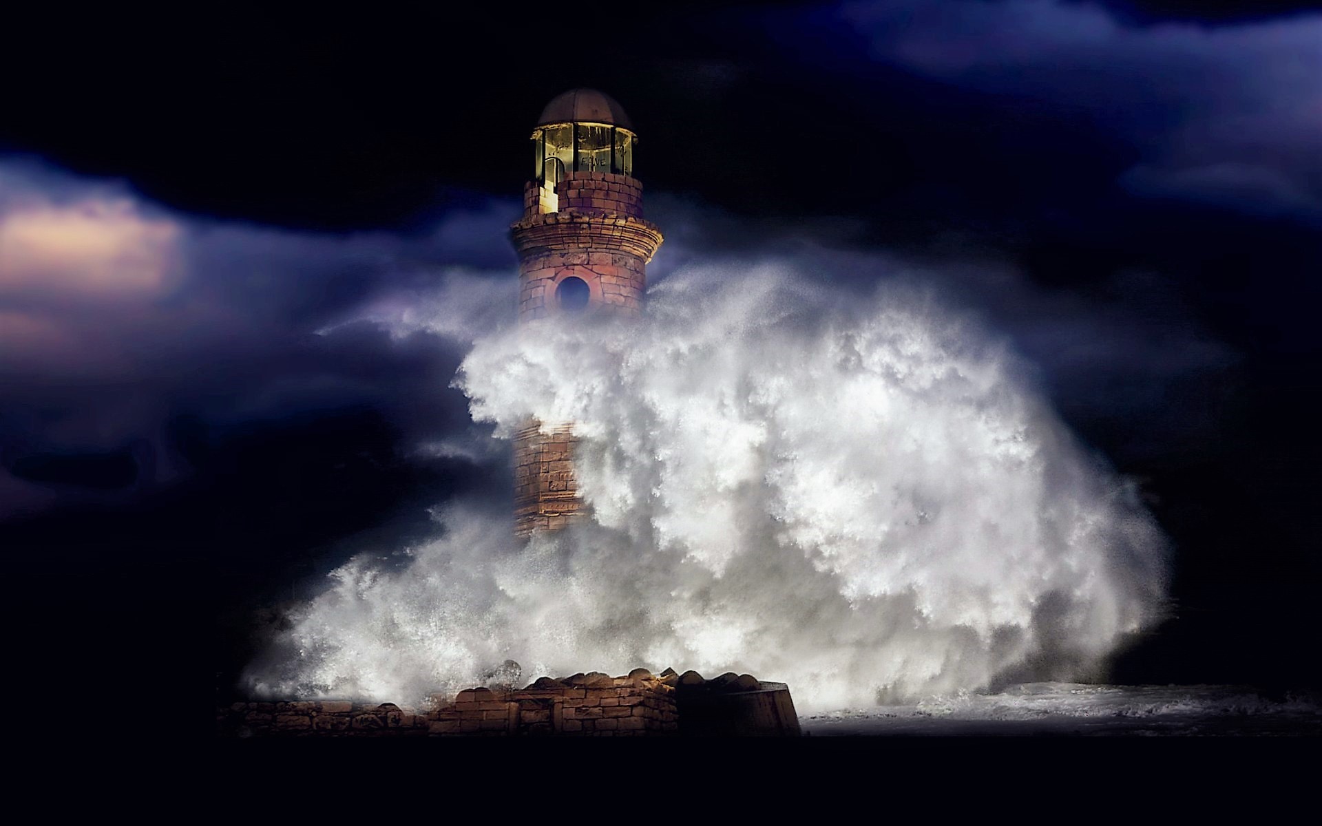 Free download wallpaper Sea, Night, Ocean, Lighthouse, Storm, Wave, Man Made on your PC desktop