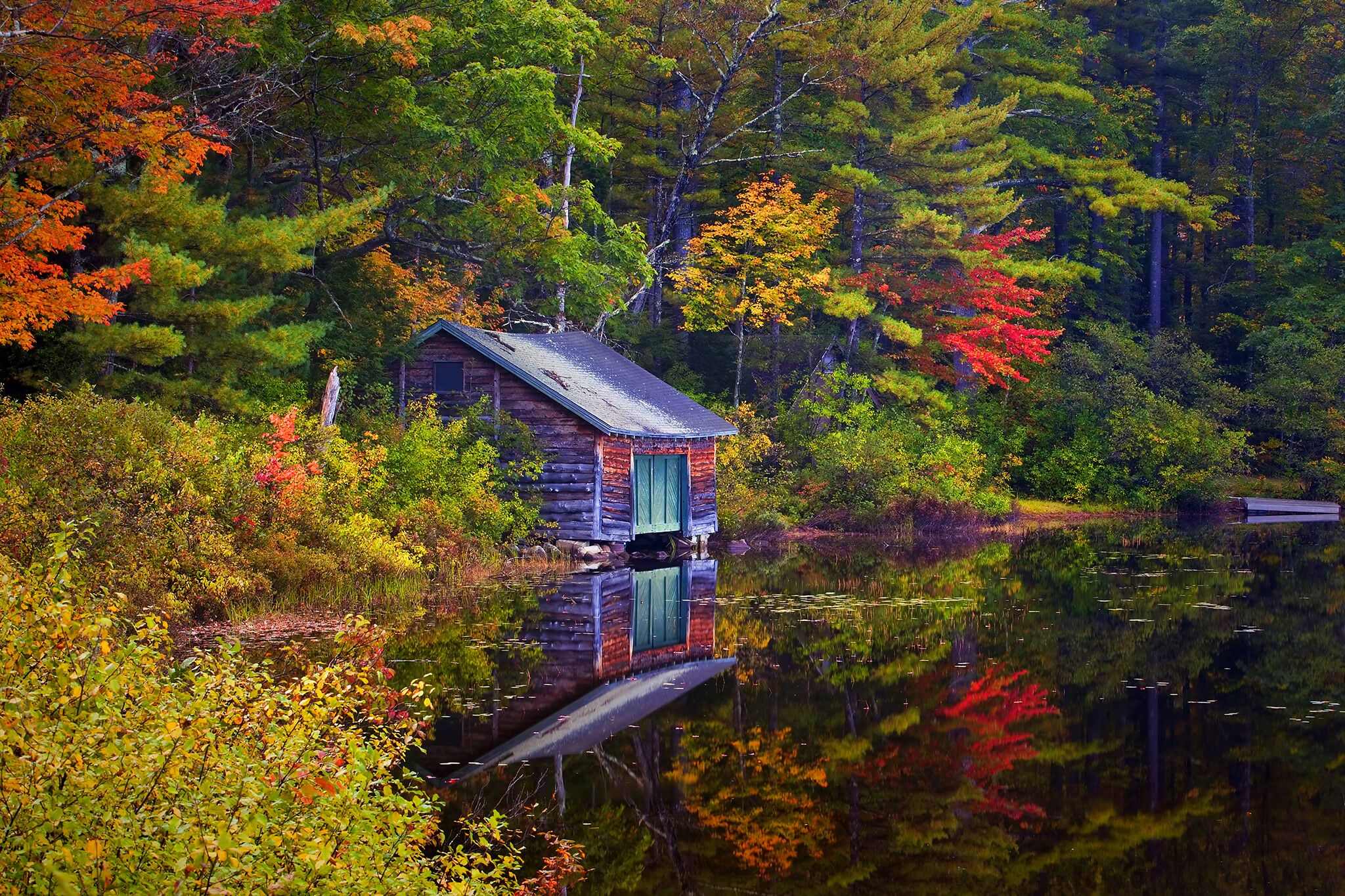 Free download wallpaper Lake, Reflection, Tree, Fall, Cabin, Man Made on your PC desktop