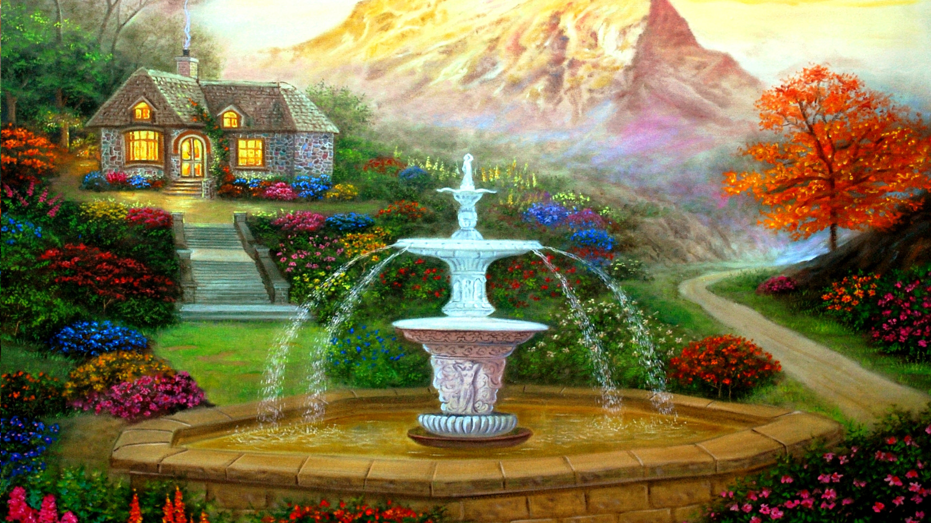 Download mobile wallpaper Fountain, Mountain, Flower, Tree, House, Painting, Artistic, Cottage for free.
