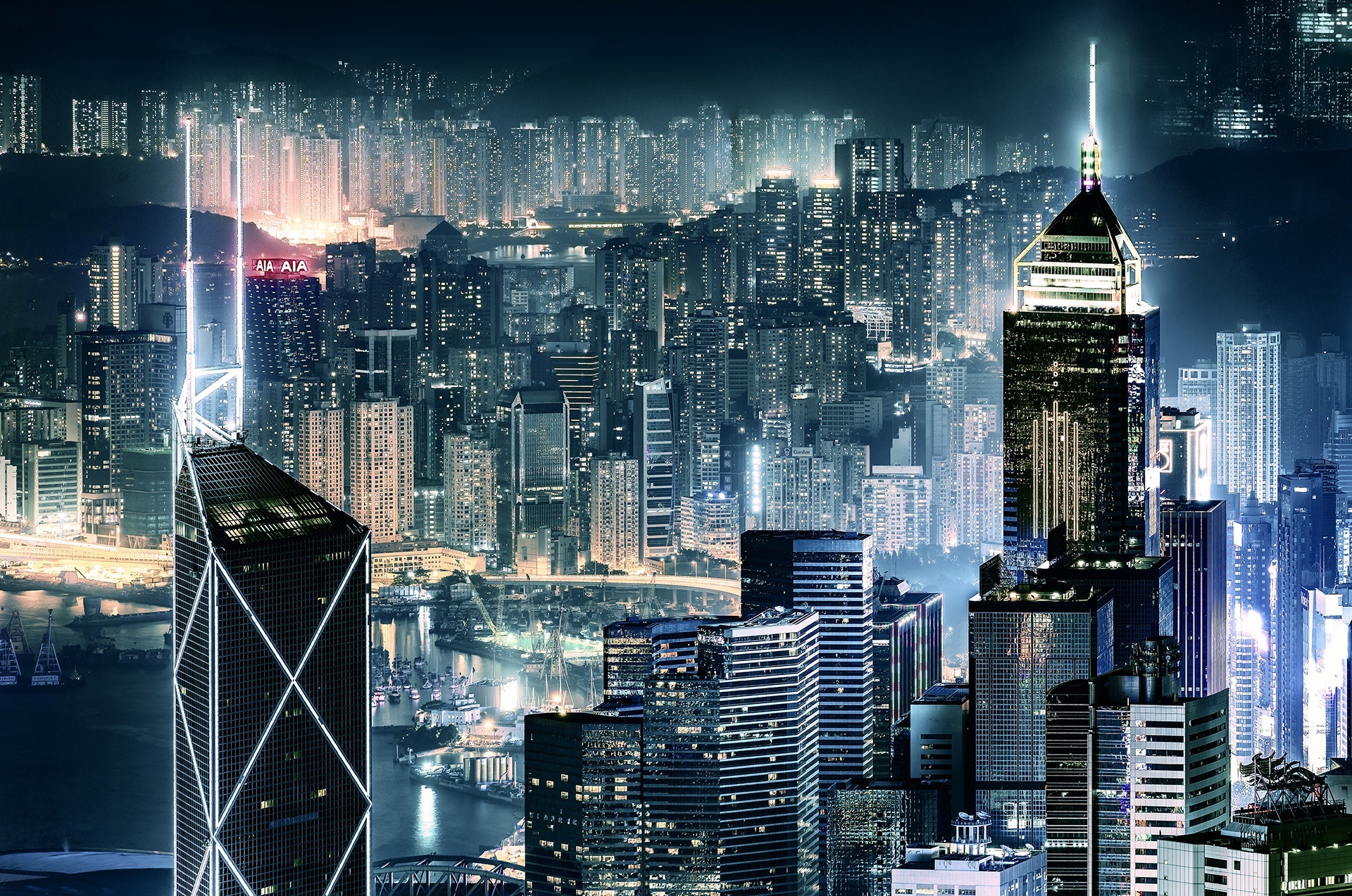 Laden Sie das Städte, Wolkenkratzer, Gebäude, Licht, Stadtbild, China, Hongkong, Nacht, Menschengemacht, Großstadt-Bild kostenlos auf Ihren PC-Desktop herunter
