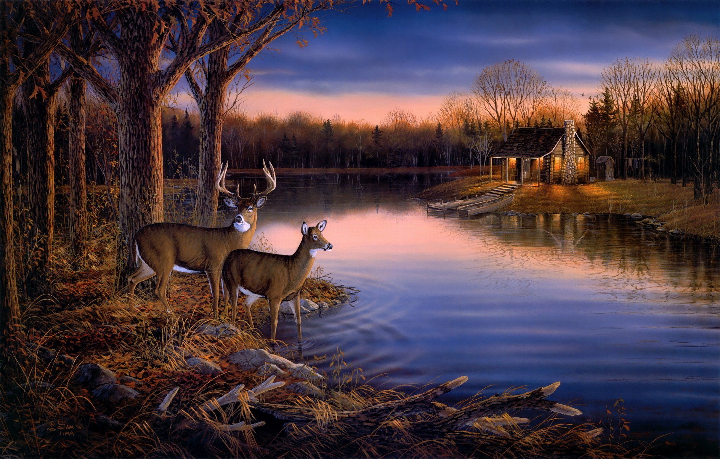 551447画像をダウンロード鹿, 芸術的, 秋, ボート, 森, 家, 湖, 自然, ペインティング, 木, 水-壁紙とスクリーンセーバーを無料で